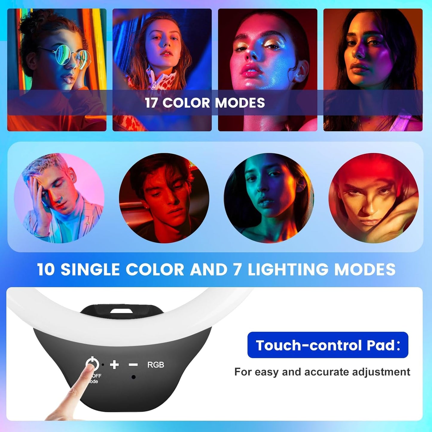 Sensyne 10'' RGB Ring Light with 50'' Extendable Tripod Stand, Circle Lights with Phone Holder for Live Stream/Makeup/YouTube Video/TikTok, Compatible with All Phones
