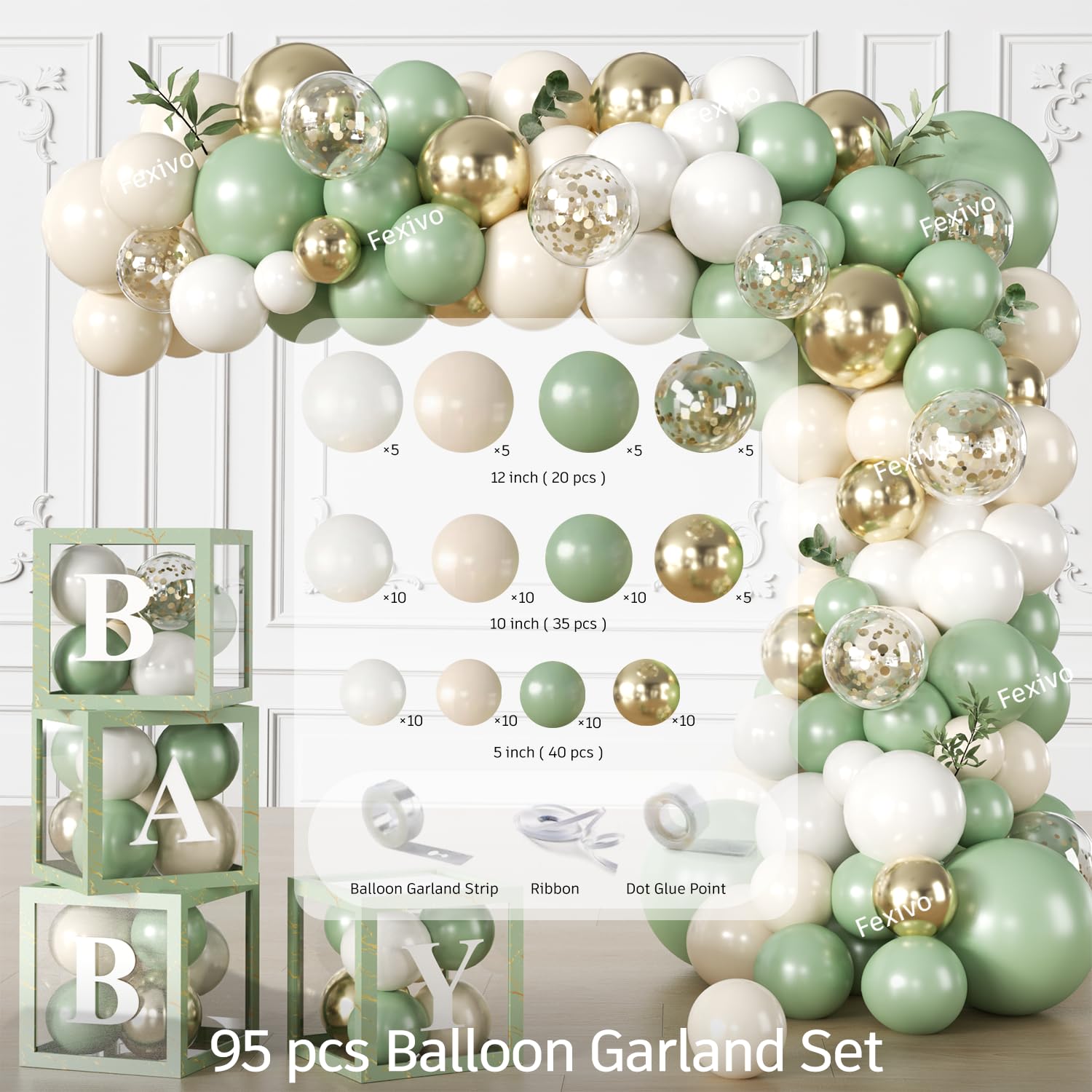 Fexivo Sage Green Baby Shower Decorations Set,Serves 25 Guests
