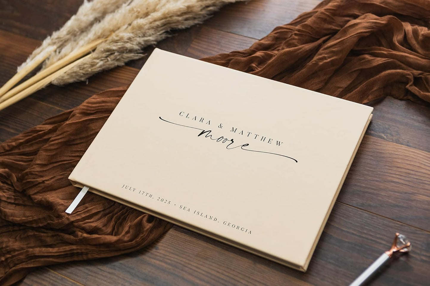 Personalized Guest Book - 11.5" x 8.5" Custom Bride & Groom Names with Bookmark and Hard Cover 140 GSM Blank Pages, for Weddings Guest Book, Engagements, Birthdays, Special Events, Butter