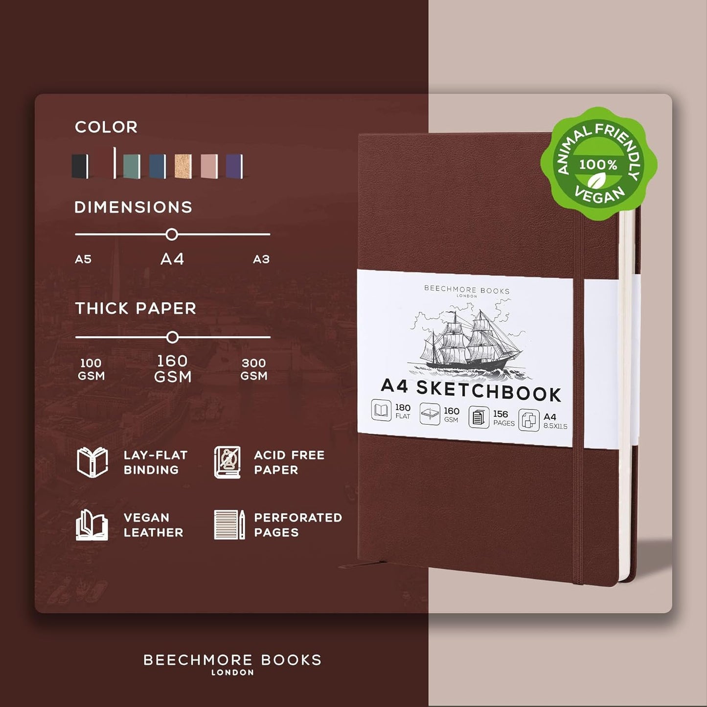 Beechmore Books A4 Sketchbook ??8.5x11 Premium Vegan Leather Bound Large Sketch Book Hardcover with 156 Thick 160gsm Perforated Ivory Pages, Blank Sketch Pad, Gift Boxed, Back Pocket, Ribbon Bookmark