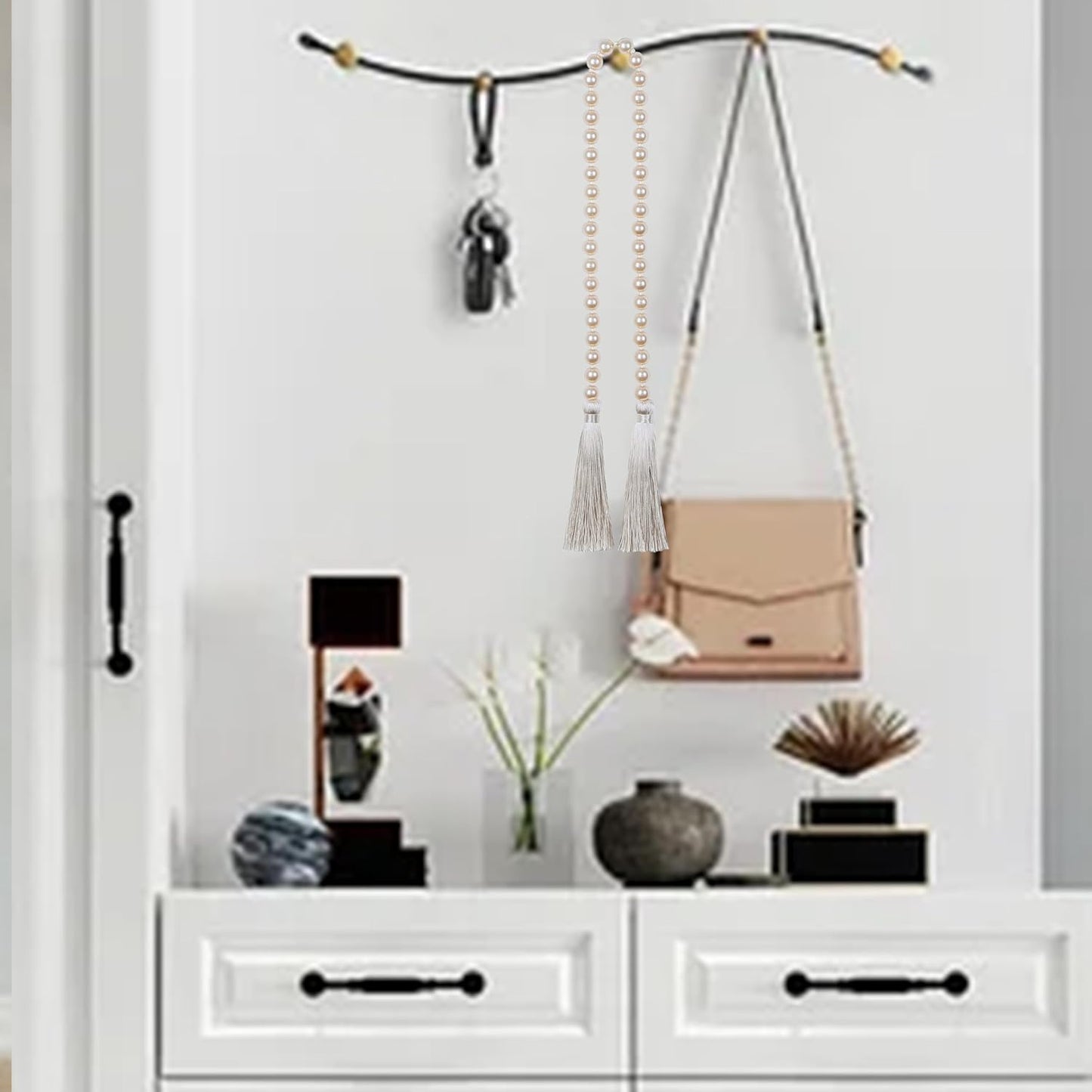 Fenghuangwu 34 Inch Pearl Glass Bead Garland with Tassels - Elegant Boho Table Decor, Fringe Wall Hanging for Wedding, Party, Farmhouse Rustic Prayer Bead Home Decoration(2 Pack,Champagne Gold)