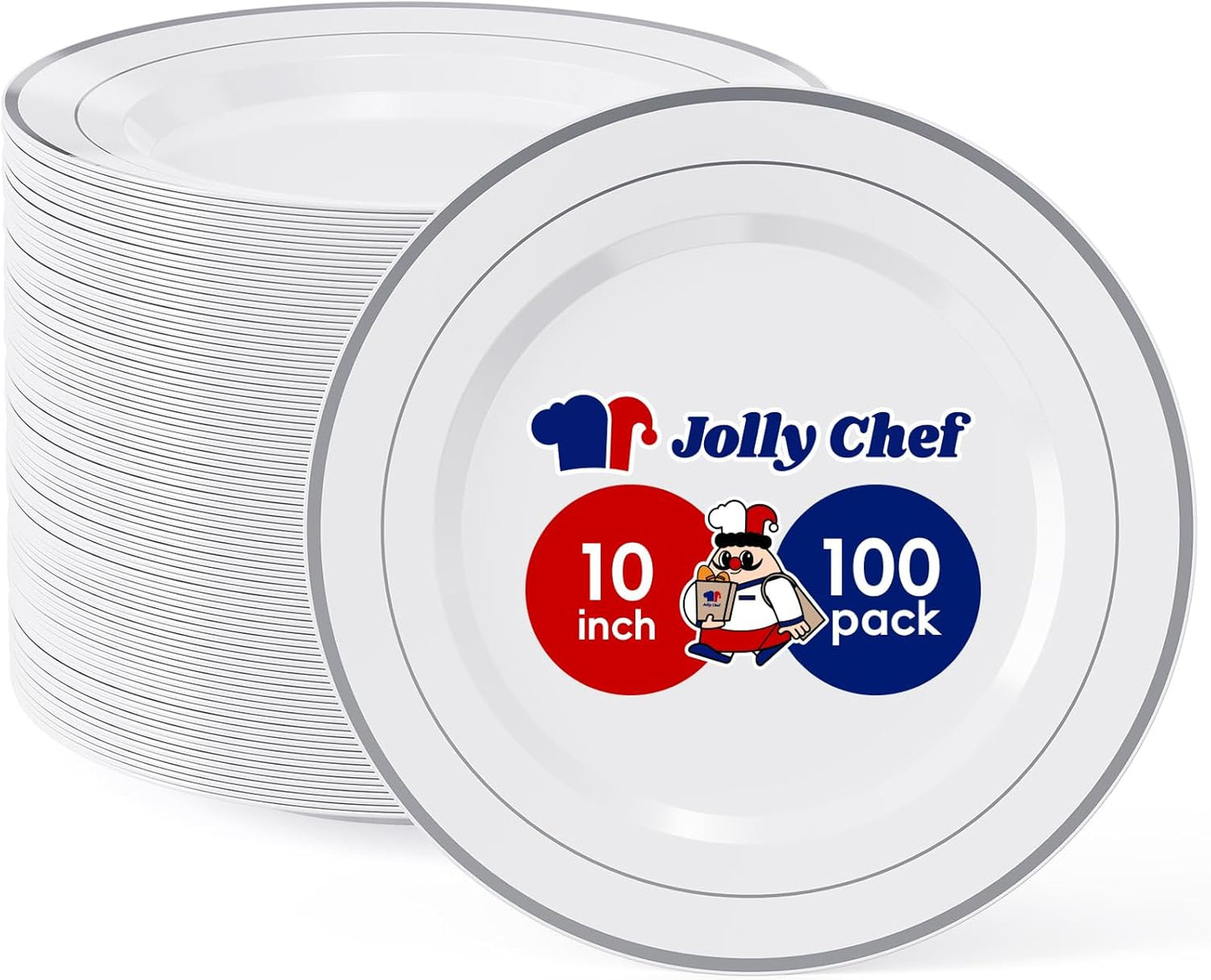 JOLLY CHEF 100 Pieces Silver Plastic Plates, 10 Inch Elegant Disposable White with Silver Rim, Plastic Plates for Dinner, Birthdays and Weddings