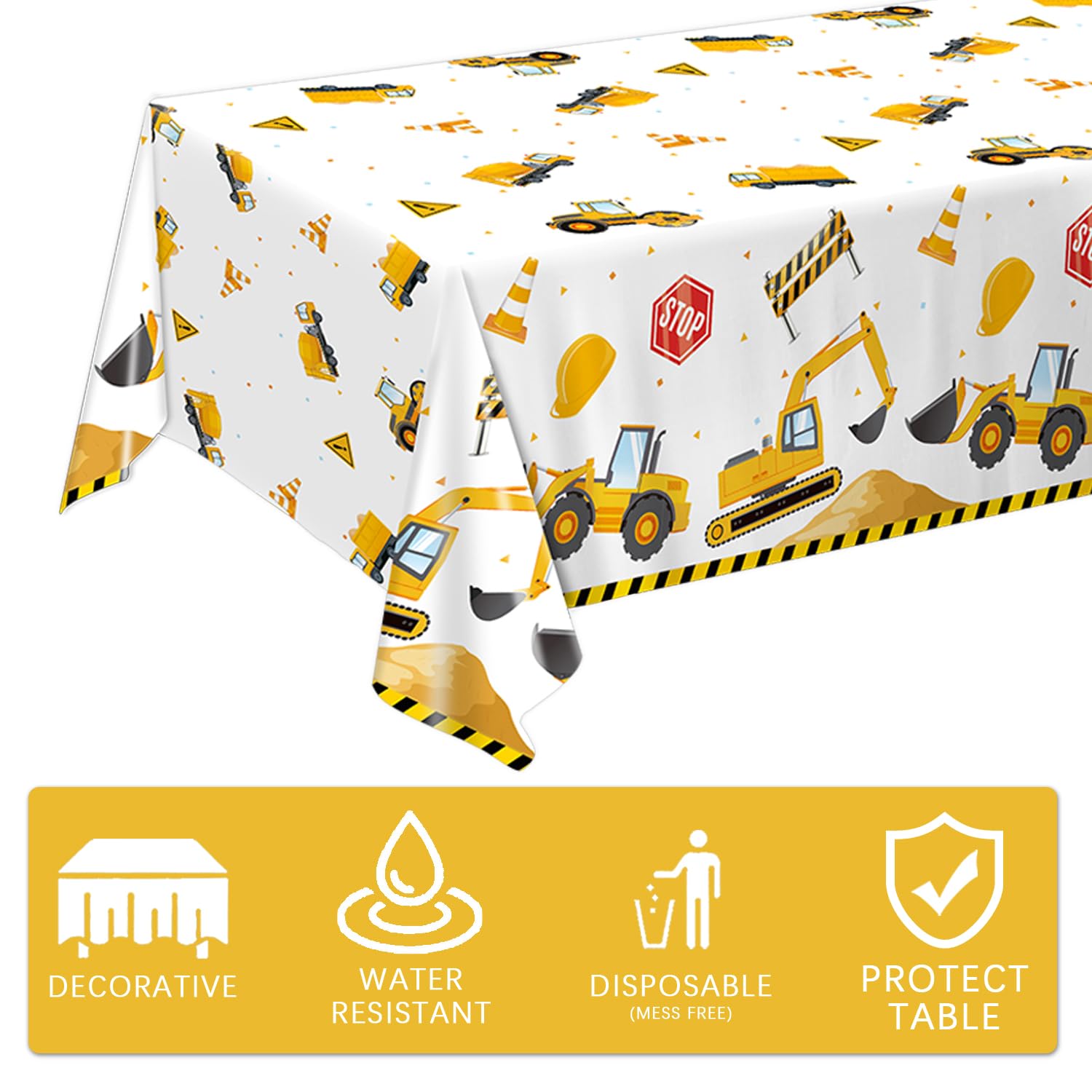QIYANPAX 3 Pack Construction Plastic Birthday Party Tablecloths, 54 x 108 Inches - Truck Excavator