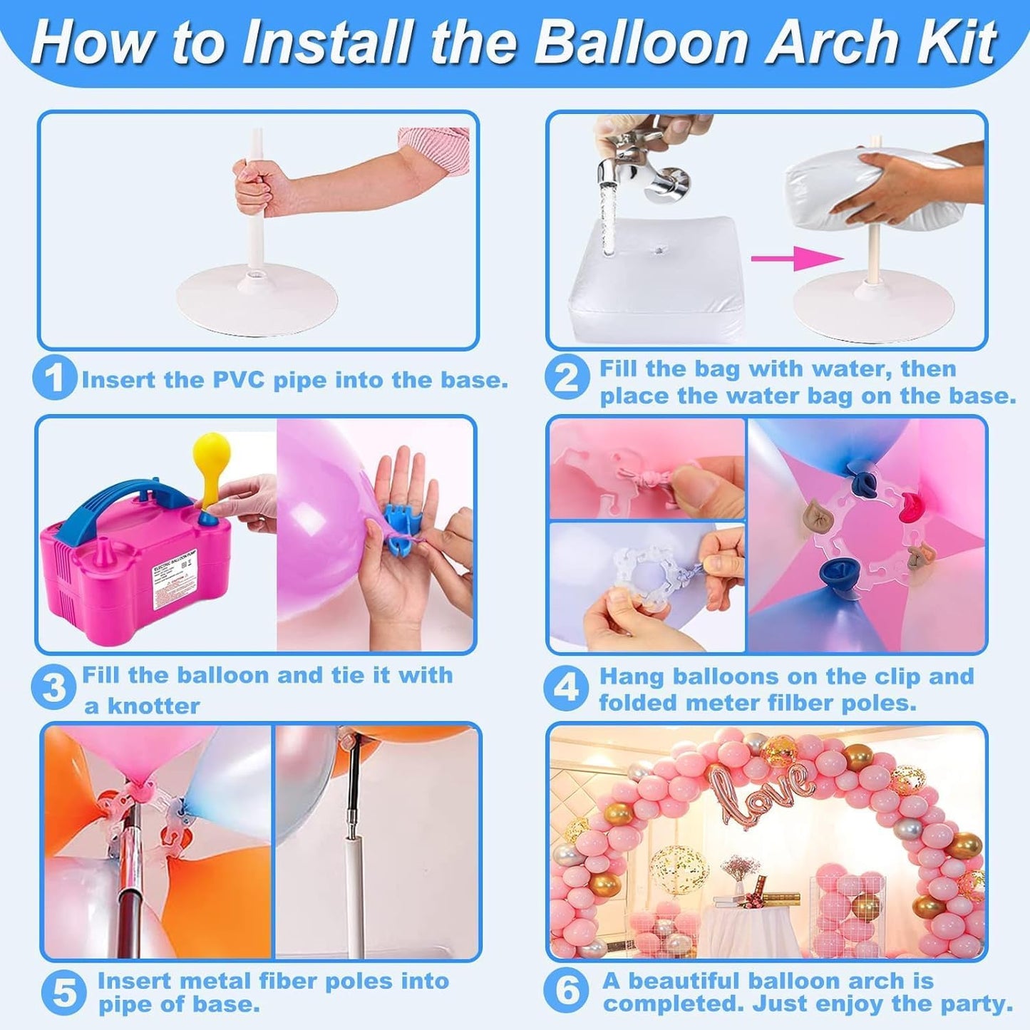 Balloon Arch Kit and Balloon Pump, 10FT Width 9FT Height Adjustable Balloon Arch Stand with NEW DESIGNED 2 Balloon Stands Water Fillable Bases for Wedding Anniversary Mother's Day Party