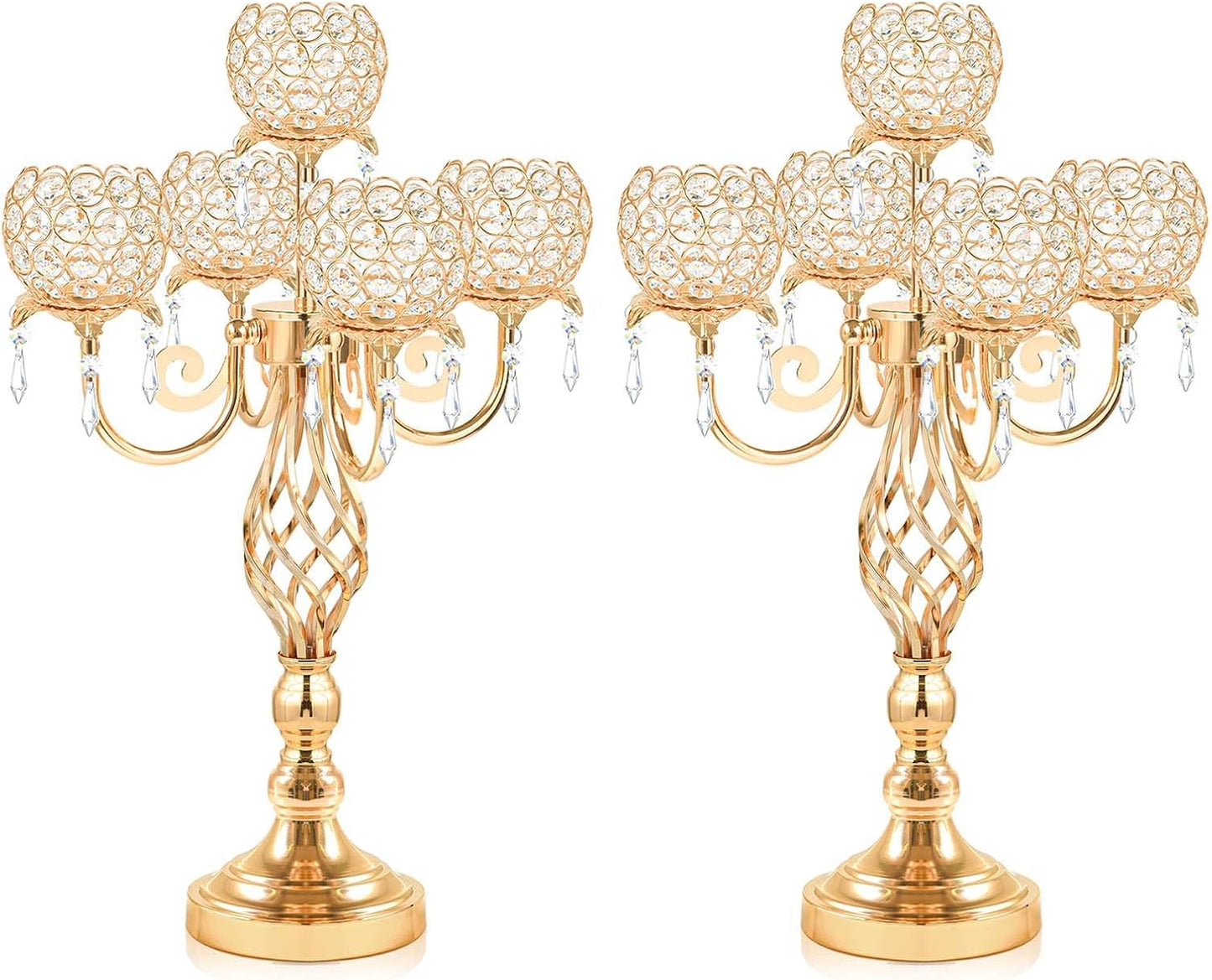 5-Arm Crystal Candelabra Centerpiece 23.2" Tall - Elegant Candle Holder Stand with Crystal Bowl, Chic Table Decor for Weddings, Parties, Anniversary & Home Decoration (2, Gold)