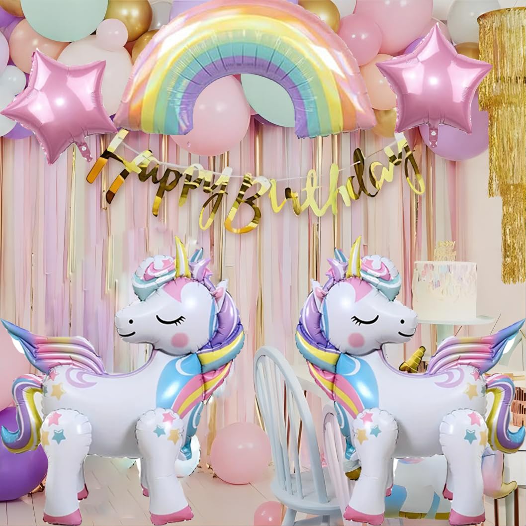 DUILE 5 Pcs Self Standing Unicorn Balloons - 3D Rainbow and Star Foil Balloons for Birthday Party