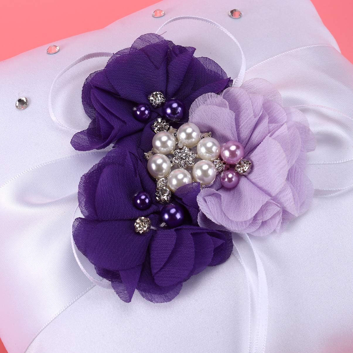 Toyvian 4pcs /Set Ring Bearer Pillow with Pearl Bowknot Flower Girl Basket Wedding Guest Book Table Pen with Pen Holder for Wedding Party Decoration Supplies (Purple Flower)