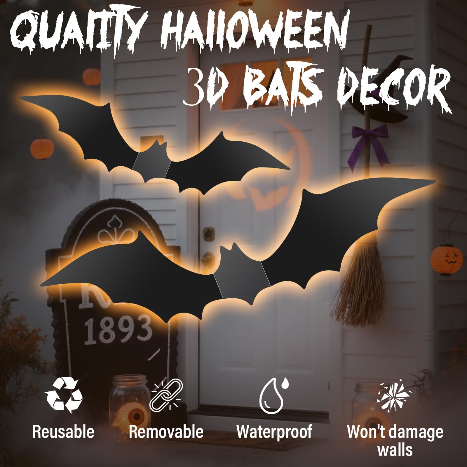 140Pcs Bats Halloween Decor, Real Scary Bat Stickers for Halloween Party