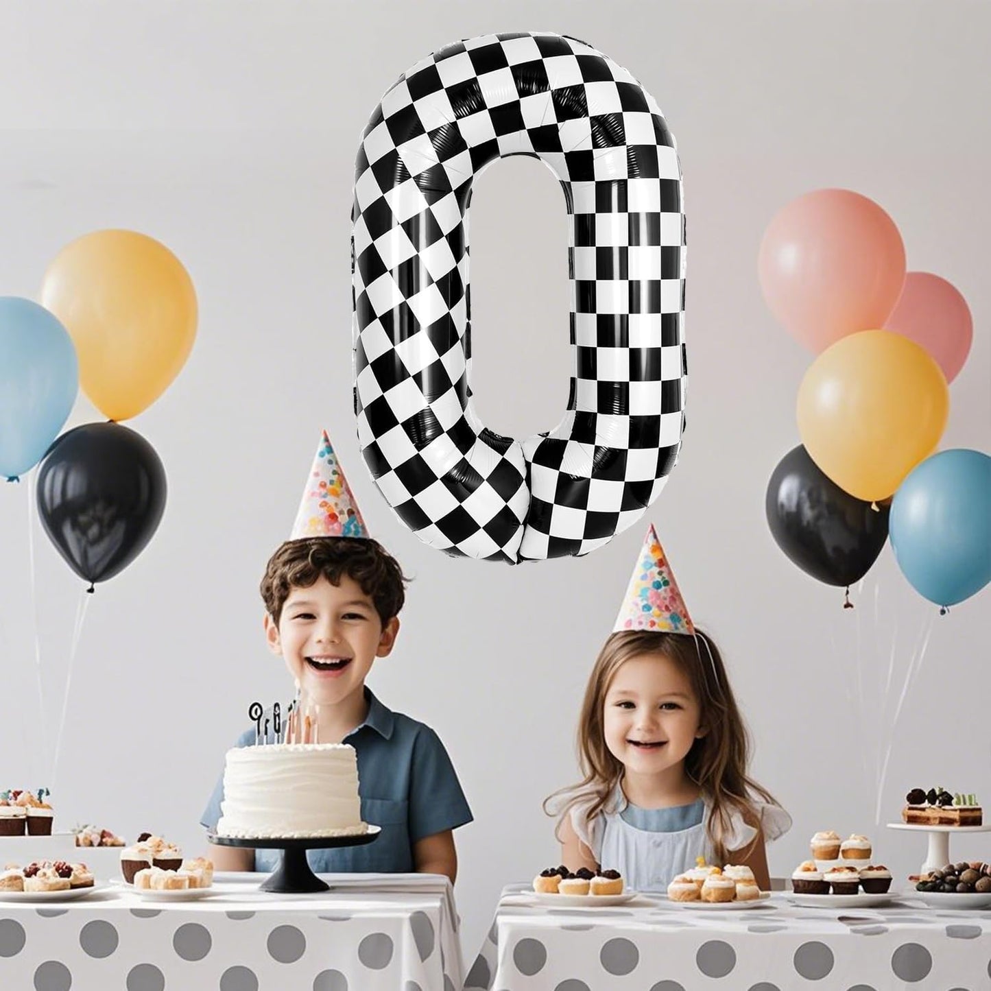 40 Inch Checkered Number Balloon - Race Flag Pattern Big Helium Balloon for Birthday Party Decorations - Black & White Balloon for Kids Adults Party Supplies (Racing Car, Number 0)