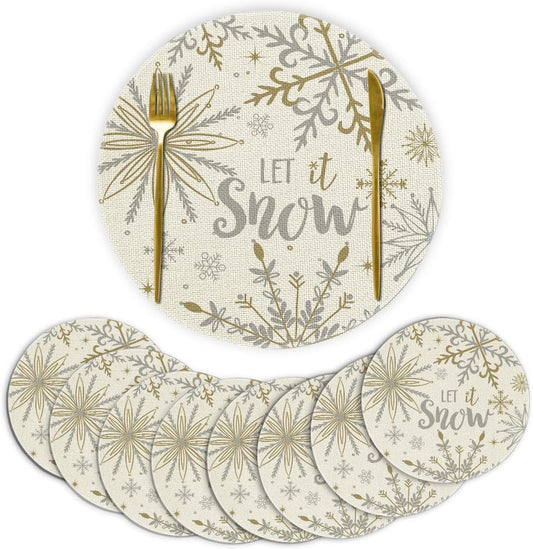 Artoid Mode Beige Snowflake Let It Snow Winter Placemats Set of 8, 14 Inch Seasonal Christmas Xmas Round Table Mats for Dining Decoration