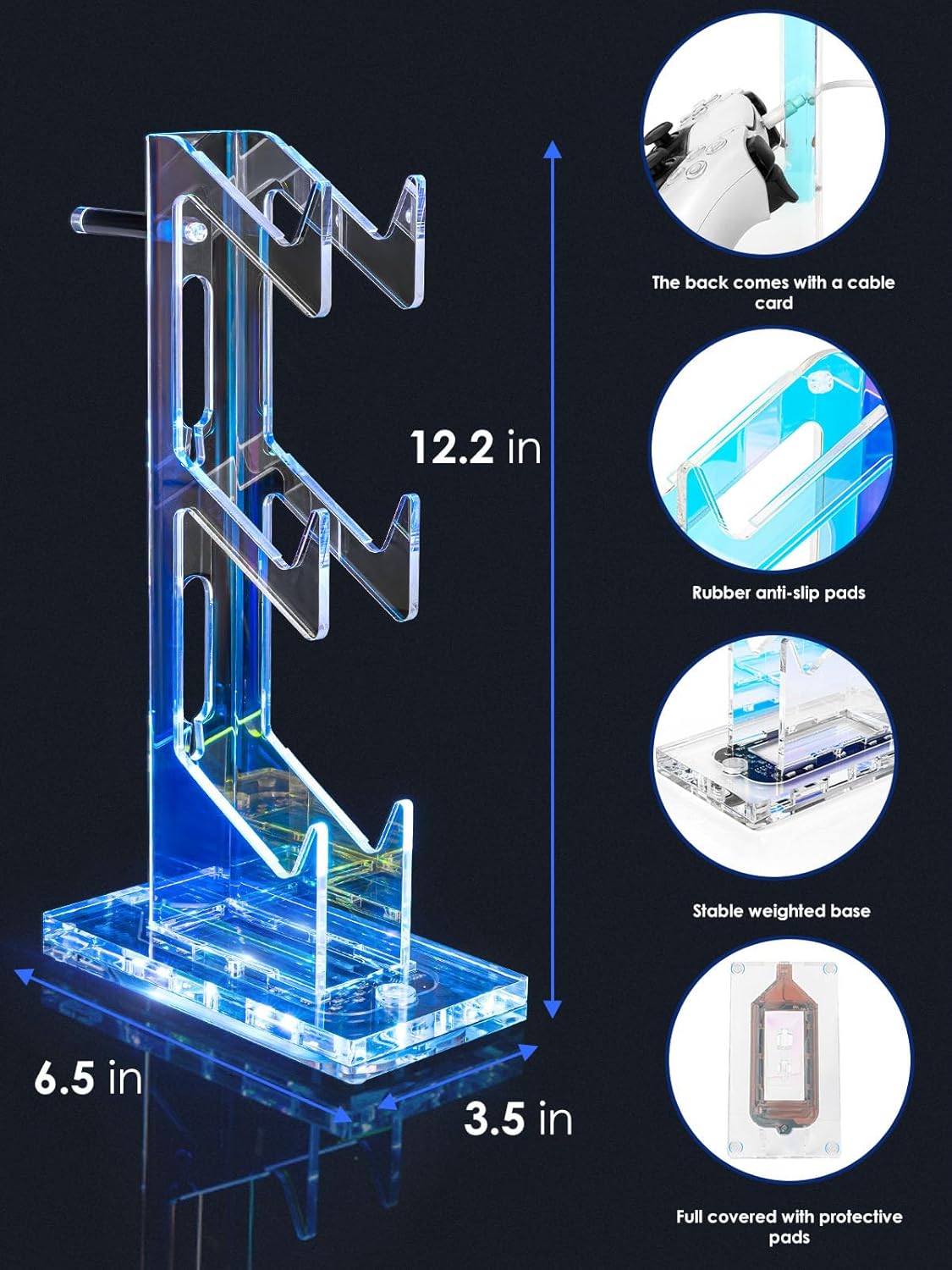 OAPRIRE Headset and Controller Stand with Lights, 3 Tier Acrylic Game Controller Holder, Controller and Headset Stand for Desktop,Universal Design Compatible with PS5/PS4/XBOX/SWITCH (Clear)