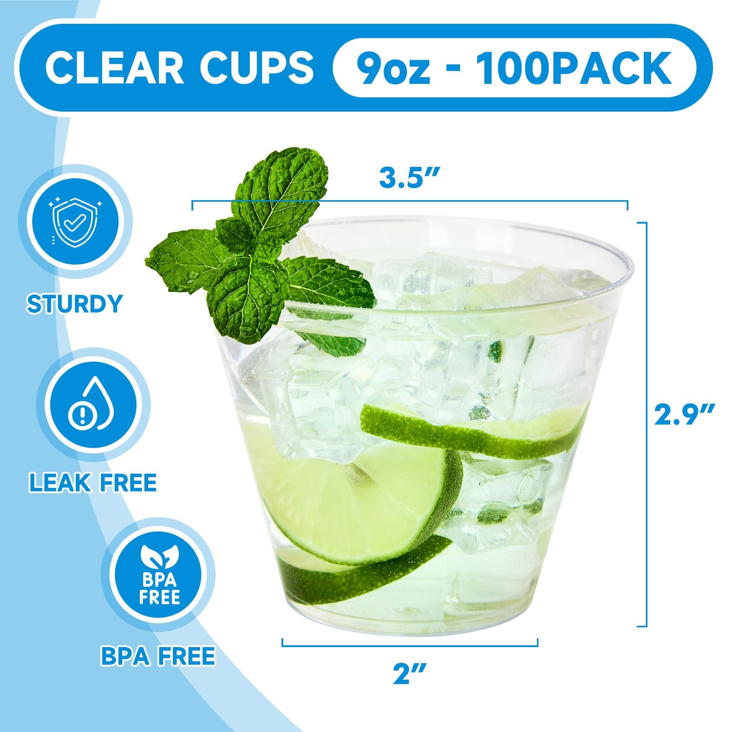 RACETOP 9 oz Clear Plastic Cups 100 packs, Disposable Plastic Party Cups Tumblers, Cocktail Cups