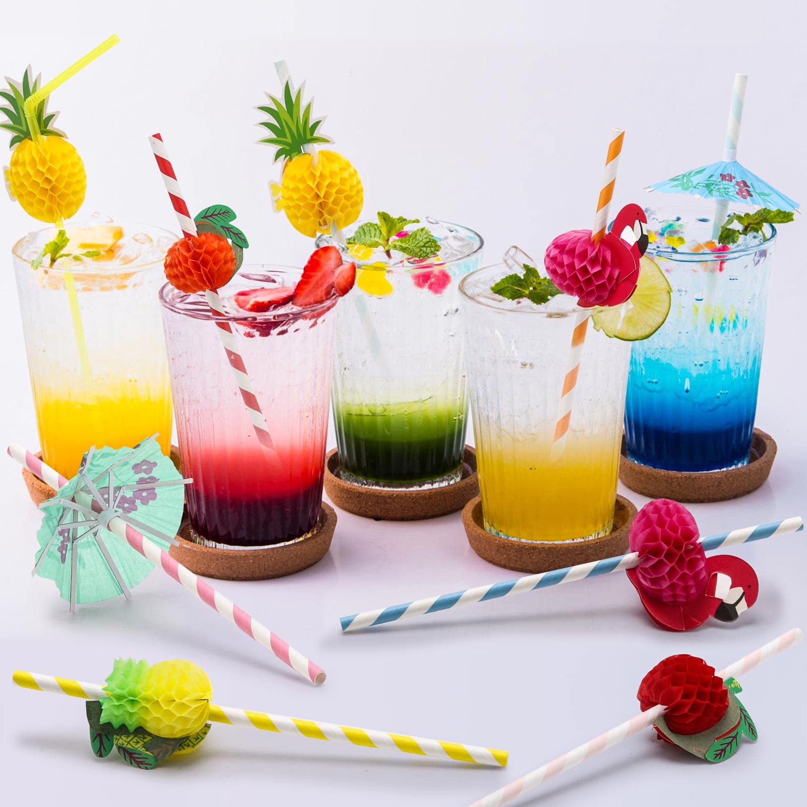 100PCS Flamingo Fruit Straws,Disposable Plastic Drinking Straws,Tropical Hawaiian Beach Summer Pool