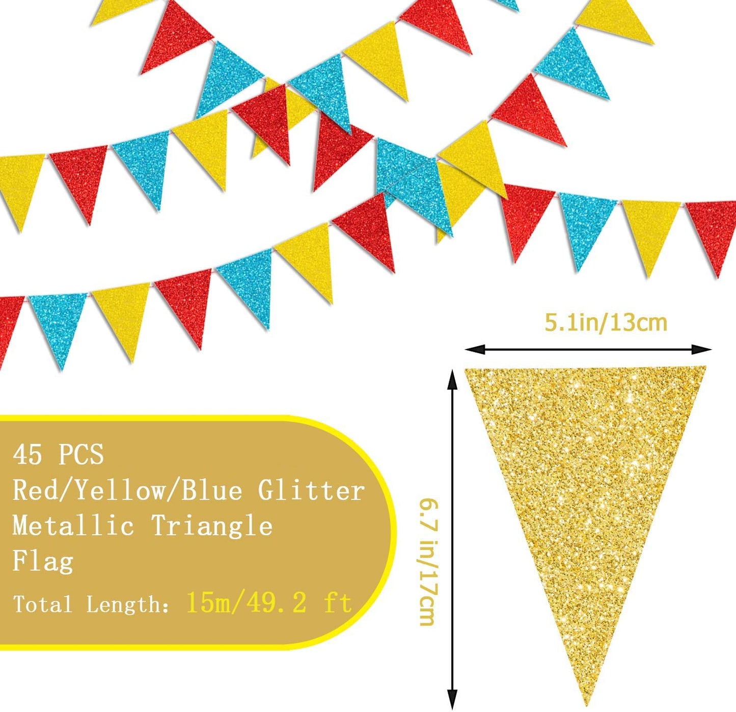 45 Pieces Colorful Pennant Flags - 49ft Carnival Theme Party Garland Banner Yellow Blue Red Glitter