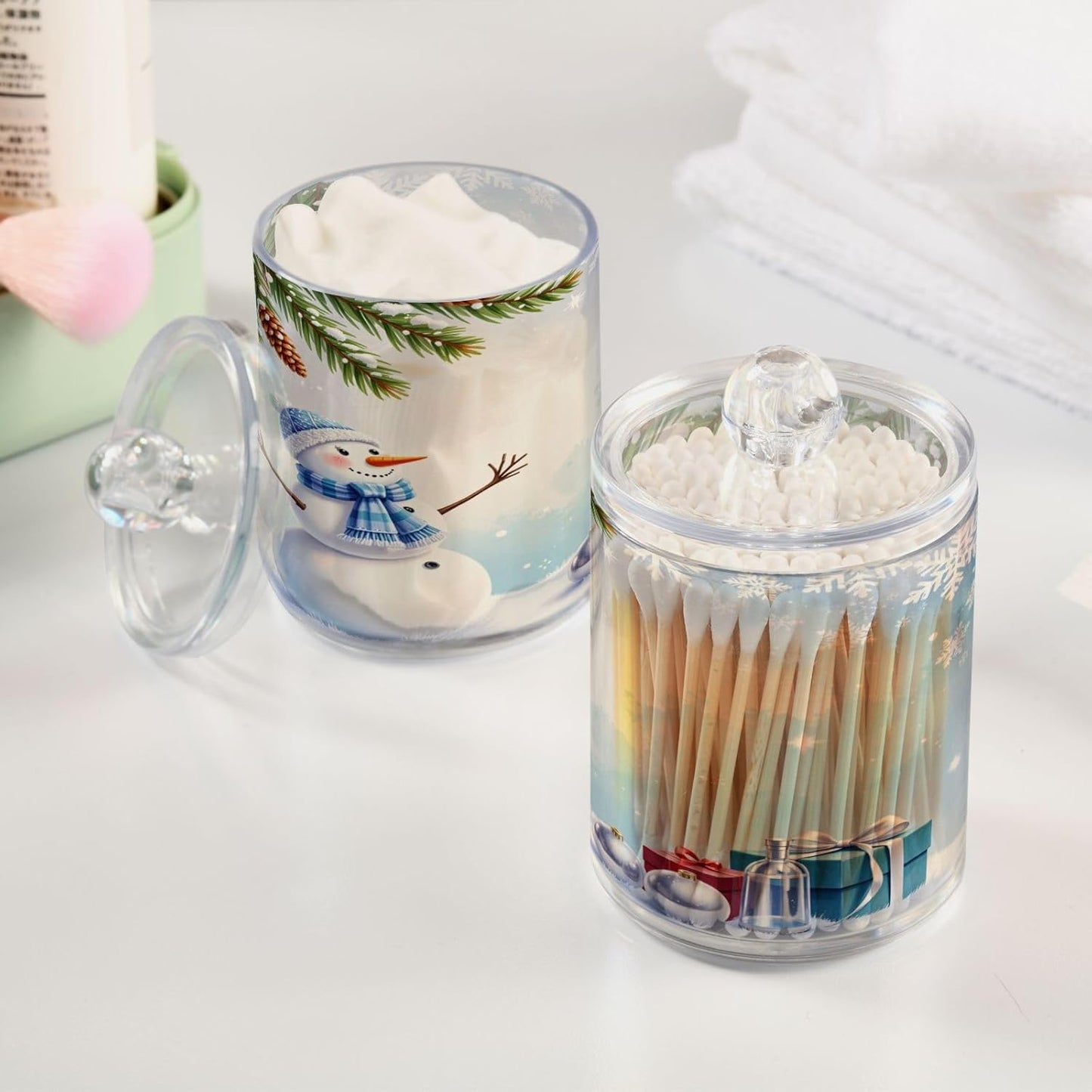 Gredecor Christmas Winter Qtip Holder Dispenser 2 Pack Snowman Snowflake Pine Cones Gifts Bathroom Decorative Storage Canister Holder Counter Vanity Organizer for Cotton Ball Swabs Pads Floss