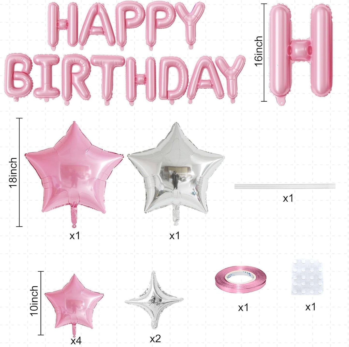 Happy Birthday Balloon Banner, 16 Inch Light Pink Mylar Foil Letter Balloons, Reusable Birthday Decorations with Pastel Pink and Silver Star Balloon, Inflatable Party Supplies for Women Girls Decor