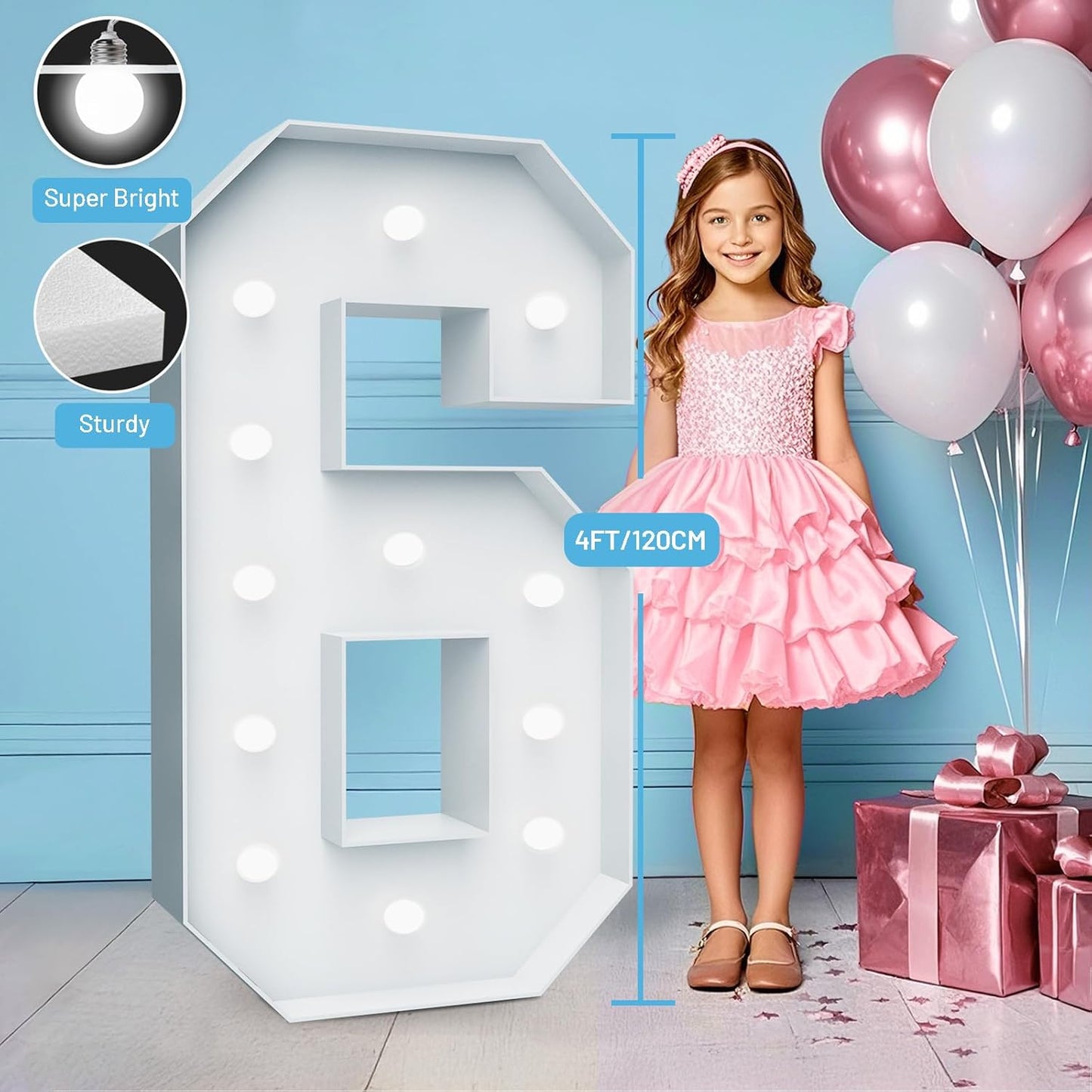 4FT Marquee Light Up Numbers - Cool White Light Up Number 6 with Fixed Water Bag, Party Decoration Large Marquee Lights Up Numbers can Be Used for Wedding Decoration, Birthday Party Deco