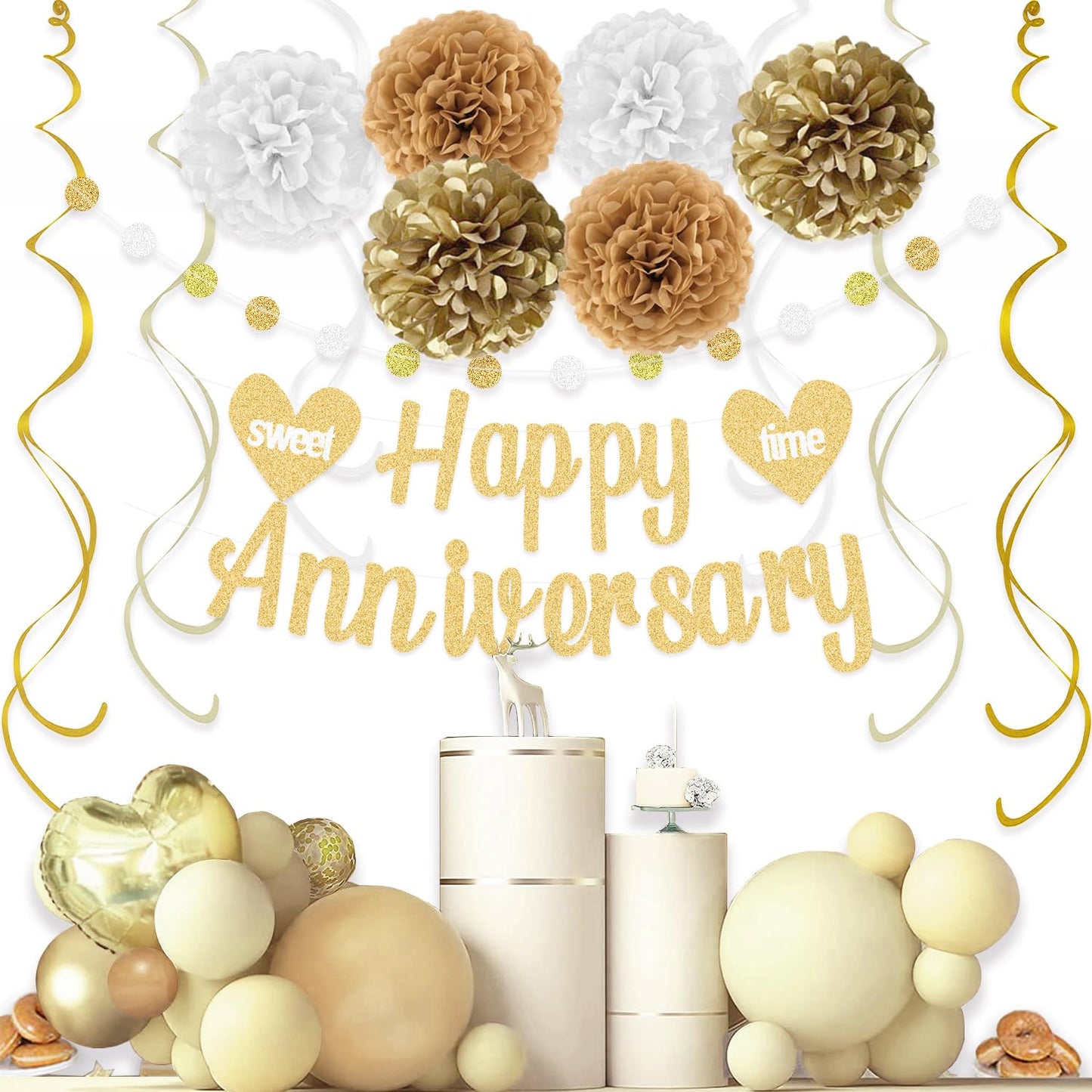 Happy Anniversary Decorations with Gold Happy Anniversary Banner, 18pcs