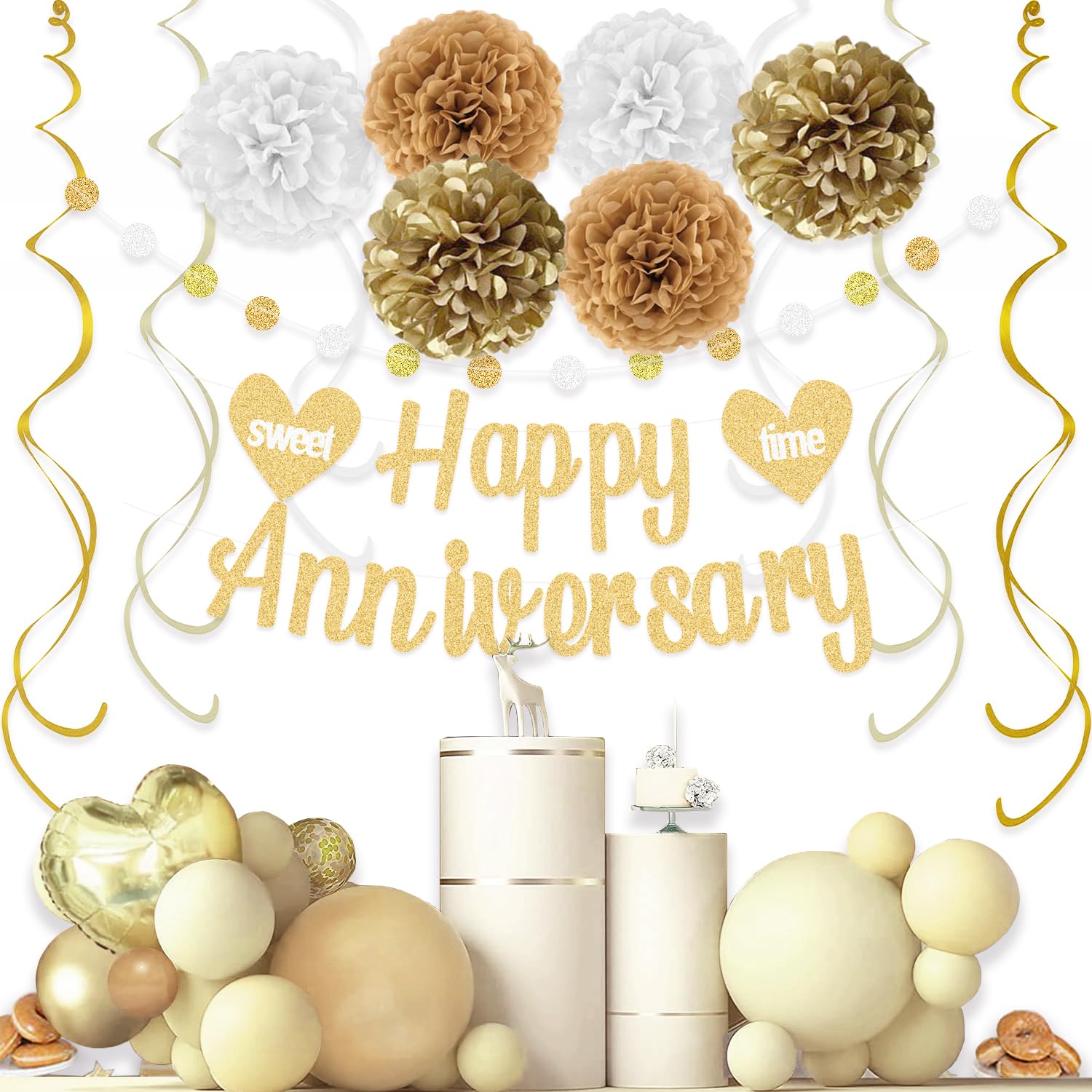Happy Anniversary Decorations with Gold Happy Anniversary Banner, 18pcs