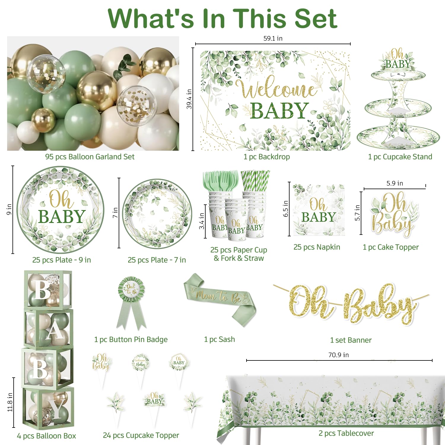Fexivo Sage Green Baby Shower Decorations Set,Serves 25 Guests