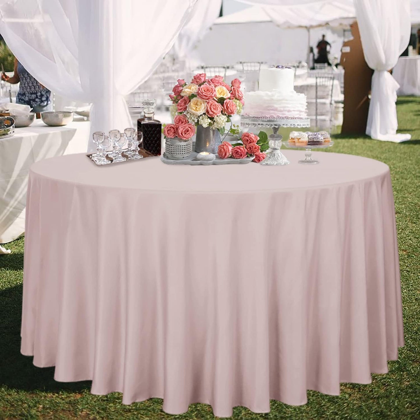 sancua Round Tablecloth - 120 Inch - Water Resistant Spill Proof Washable Polyester Table Cloth Decorative Fabric Table Cover for Dining Tables, Buffet Parties and Camping, Blush
