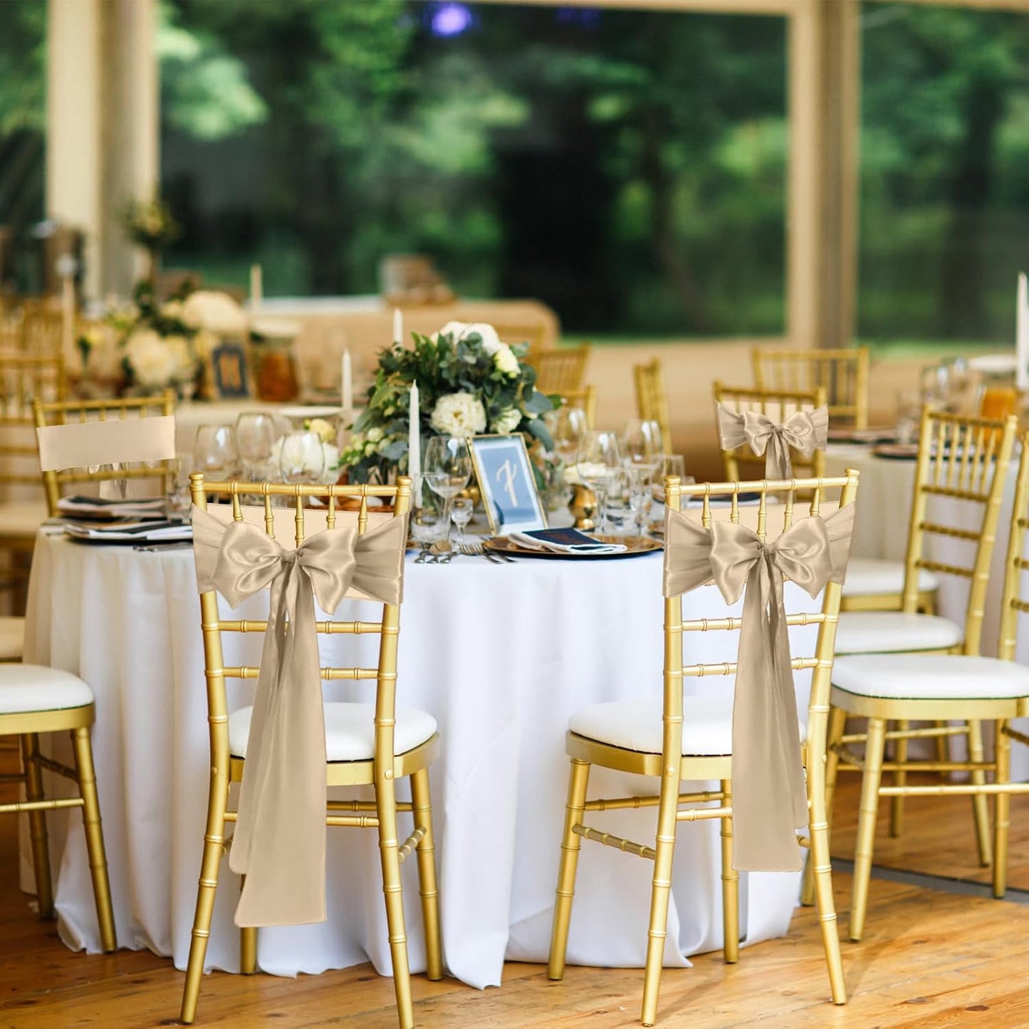 50 PCS Satin Chair Sashes Bows Universal Chair Ribbon Ties Back Sash for Wedding Party Reception Events Banquets Hotel Event Chair Cover Decoration (Champagne 7x108 inch)
