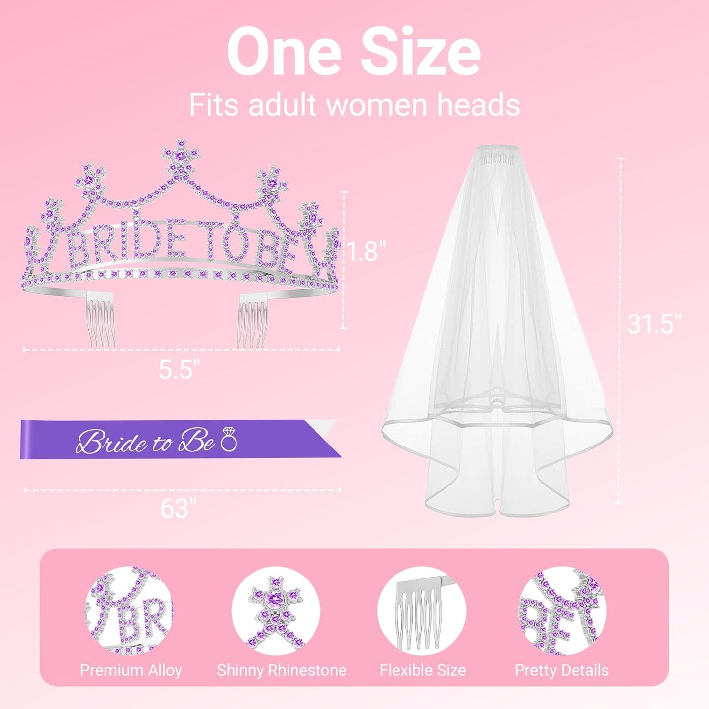 3Pcs Bride to Be Crown with Sash and Veil for Bachelorette Party Decorations，Bridal Shower Accessories for Gift, Favors