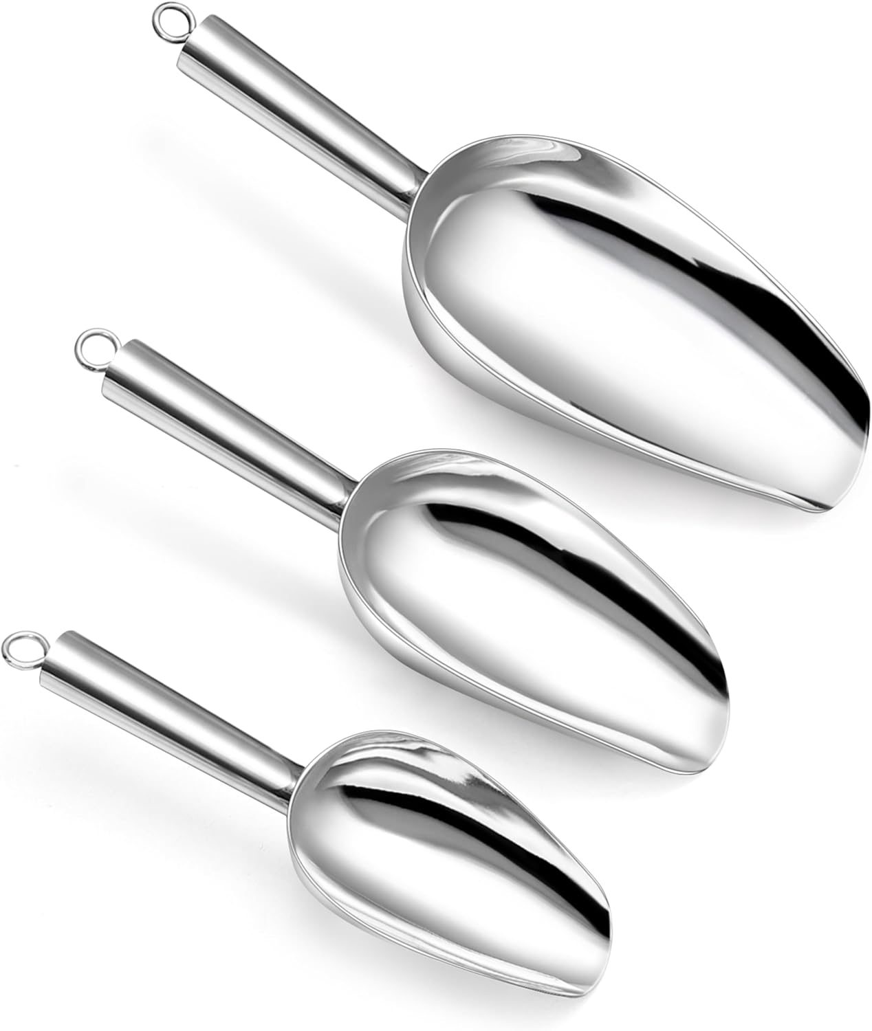P&P CHEF Canister Scoop Set of 3, Ice Candy Scoop, Stainless Steel Multipurpose Food Scooper for Buffet Jar Freezer, Mirror Finish & Dishwasher Safe, Silver, 3+6+8 Oz