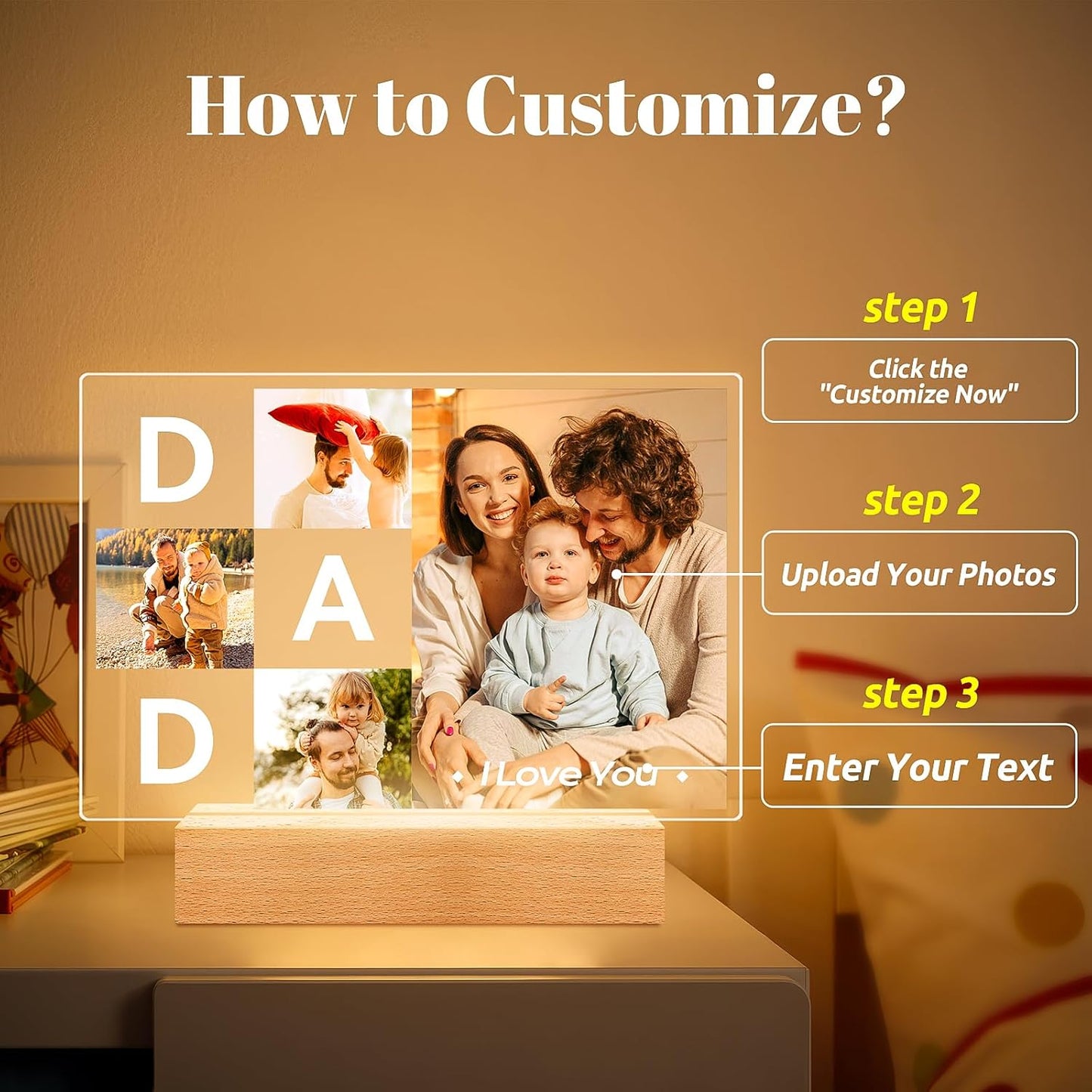 Personalized DAD Picture Frames, Customized Photo Frame with Night Light, Custom Picture Frames, Best Dad Ever Gifts, Personalized Christmas Birthday Gifts for Dad from Daughter Son Wife