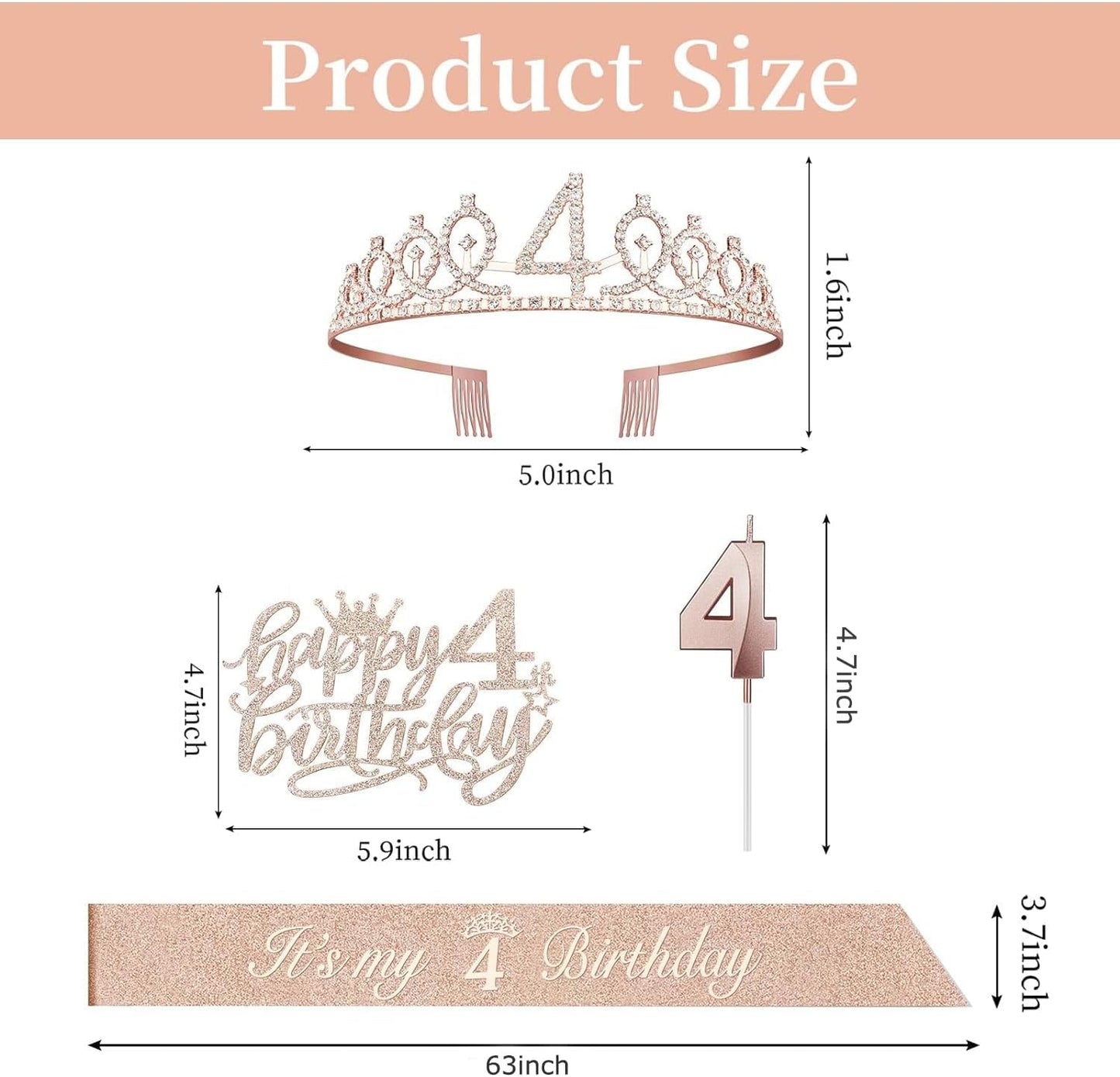 4th Birthday Decorations for Girl Including Sash, Crown, Numeral Candle and Cake Topper, 4 Year Old Girls Party Favor Supplies