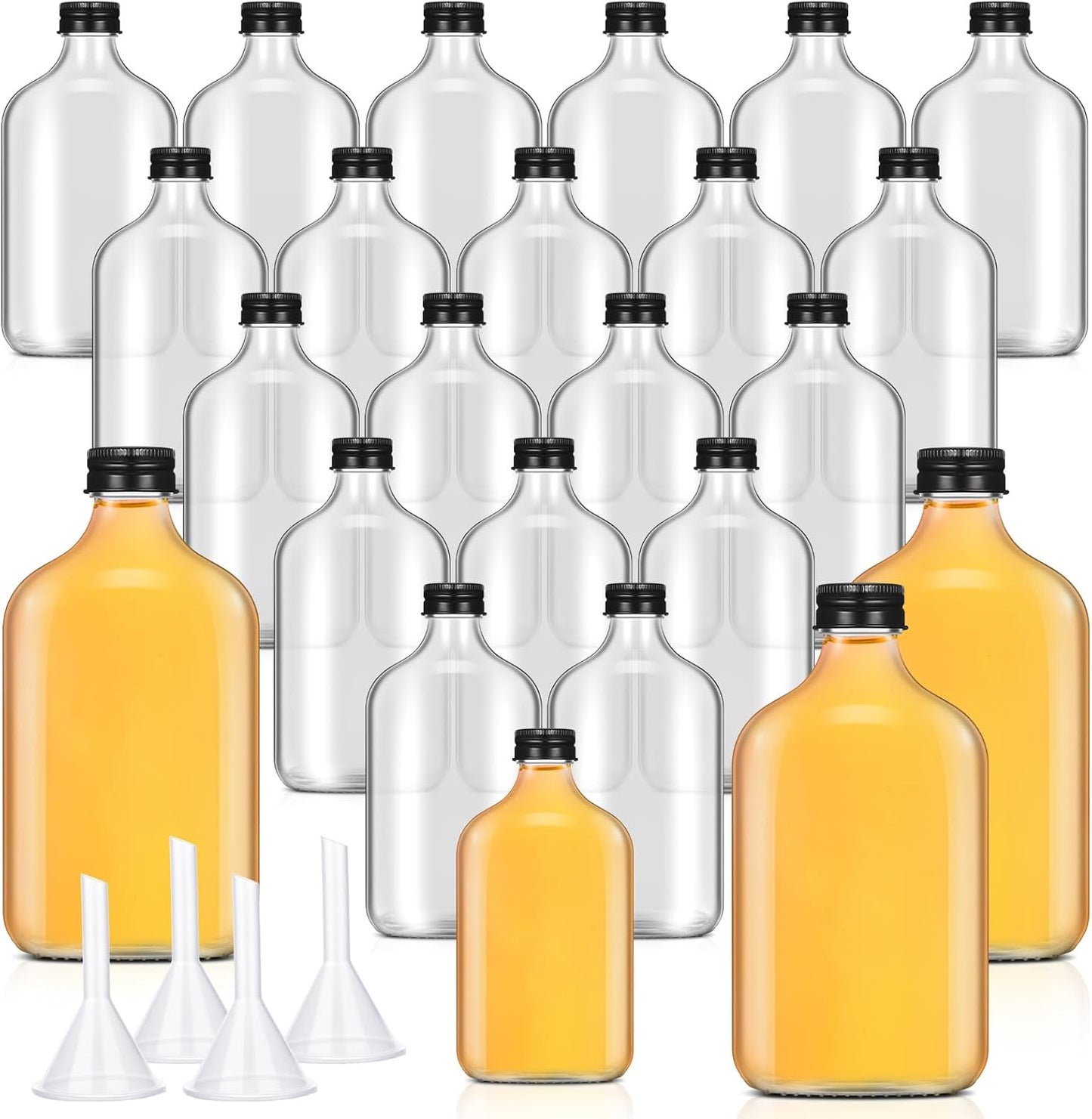 Gejoy 24 Pcs Mini Liquor Bottles Reusable Glass Flask Bottles with Black Caps Clear Empty Alcohol Shot Jars Small Champagne Jars with 4 Funnels for Wine Weddings Party Favors Christmas(8.5 oz)