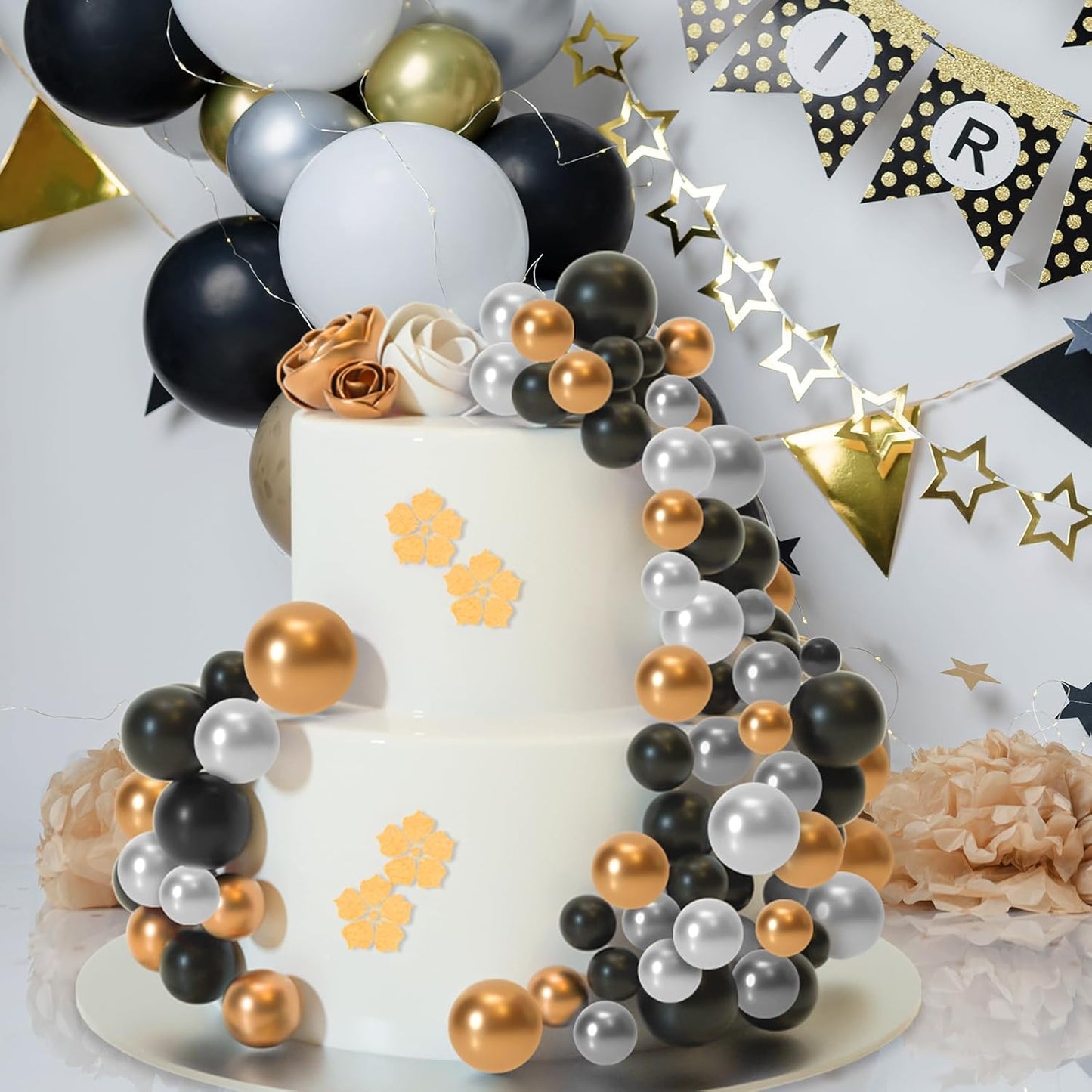 ASTARON 32 Pcs Ball Cake Topper Decorations Mini Balloons Cake Topper Sticks Foam Balls Cake Picks for Graduation Wedding Party Birthday Cake Decorations (Gold Silver Black)