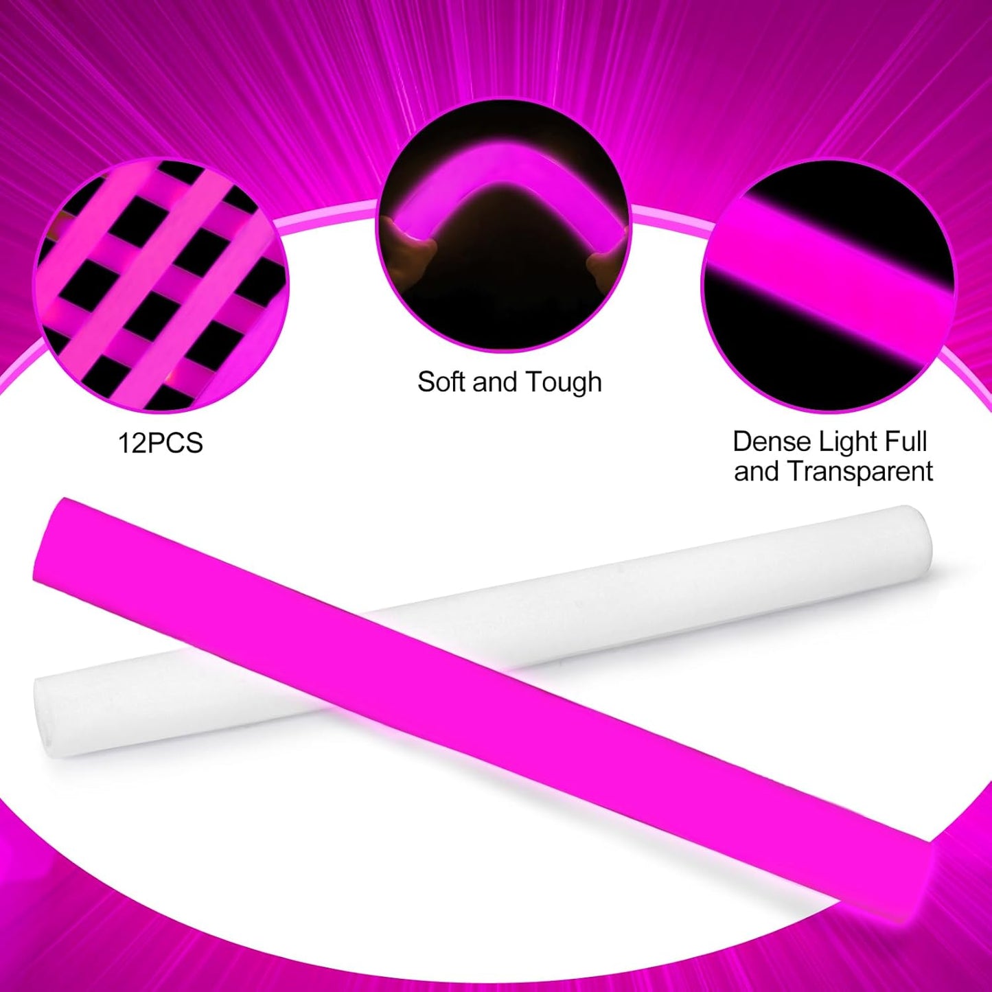 Glow Foam Sticks Bulk, 24 Pcs Pink Giant LED Light Up Sticks 3 Modes Flashing Glowing Baton Wands Party Supplies for Wedding, Raves,Concert,Birthday,Christmas, Halloween,Sporting Events