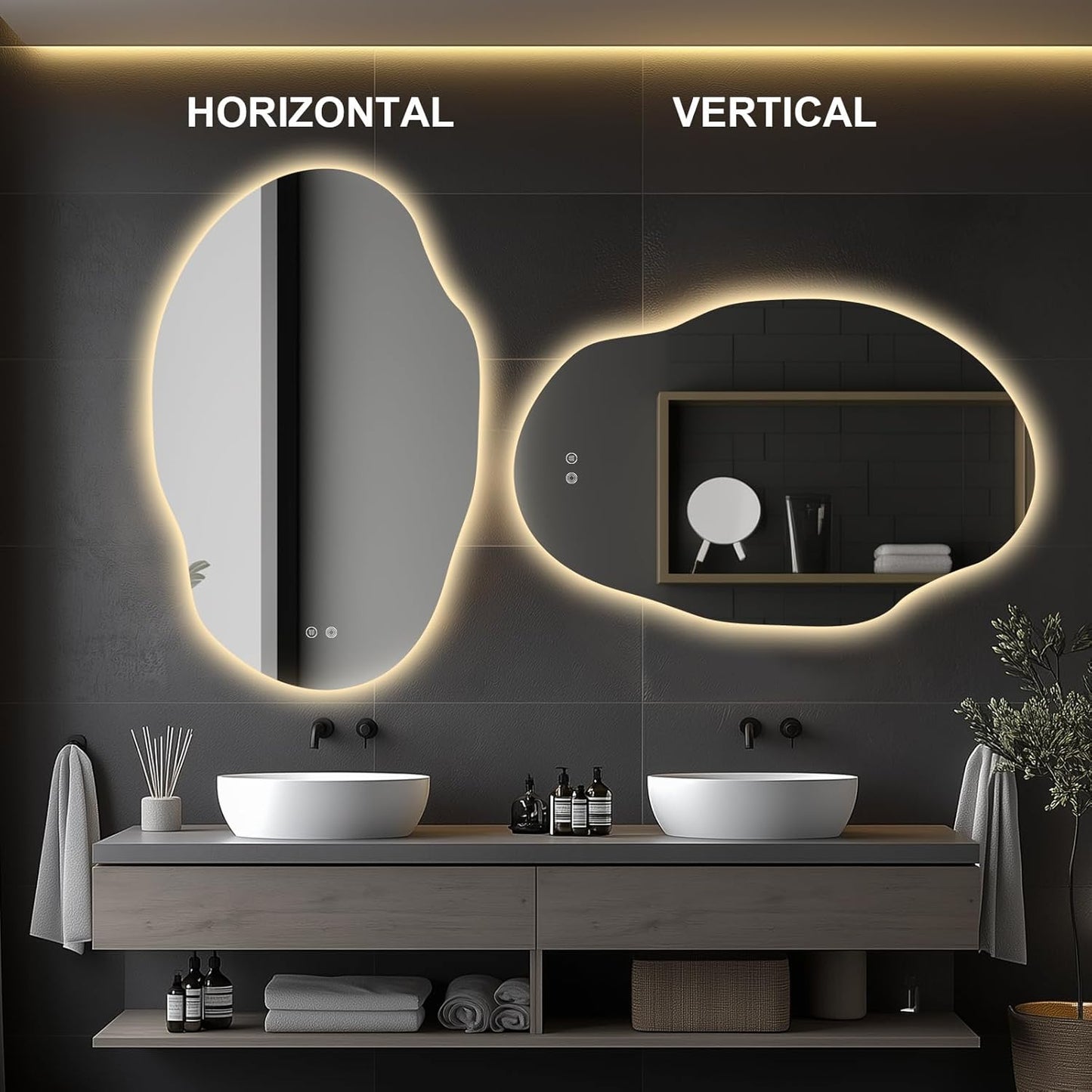 Asymmetrical LED Bathroom Mirror with Lights,Irregular Led Bathroom Vanity Mirror for Wall with Front and Backlit, Anti Fog, 3 Colors and Dimmable Light,[Horizontal/Vertical] 48" H x 30" W