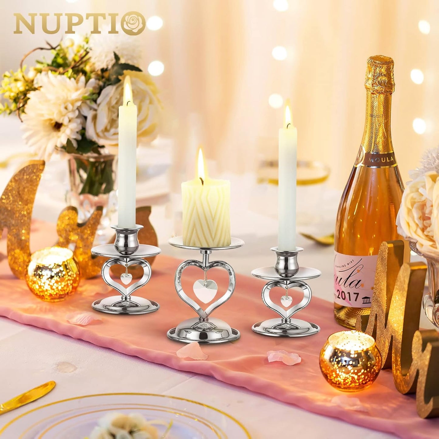 Nuptio Unity Candle Holder Silver Candlestick Holder for Pillar Taper Candles Metal Pillar Candle Holders Set of 3 Table Centerpiece for Wedding Anniversary Candlelight Dinner Decor