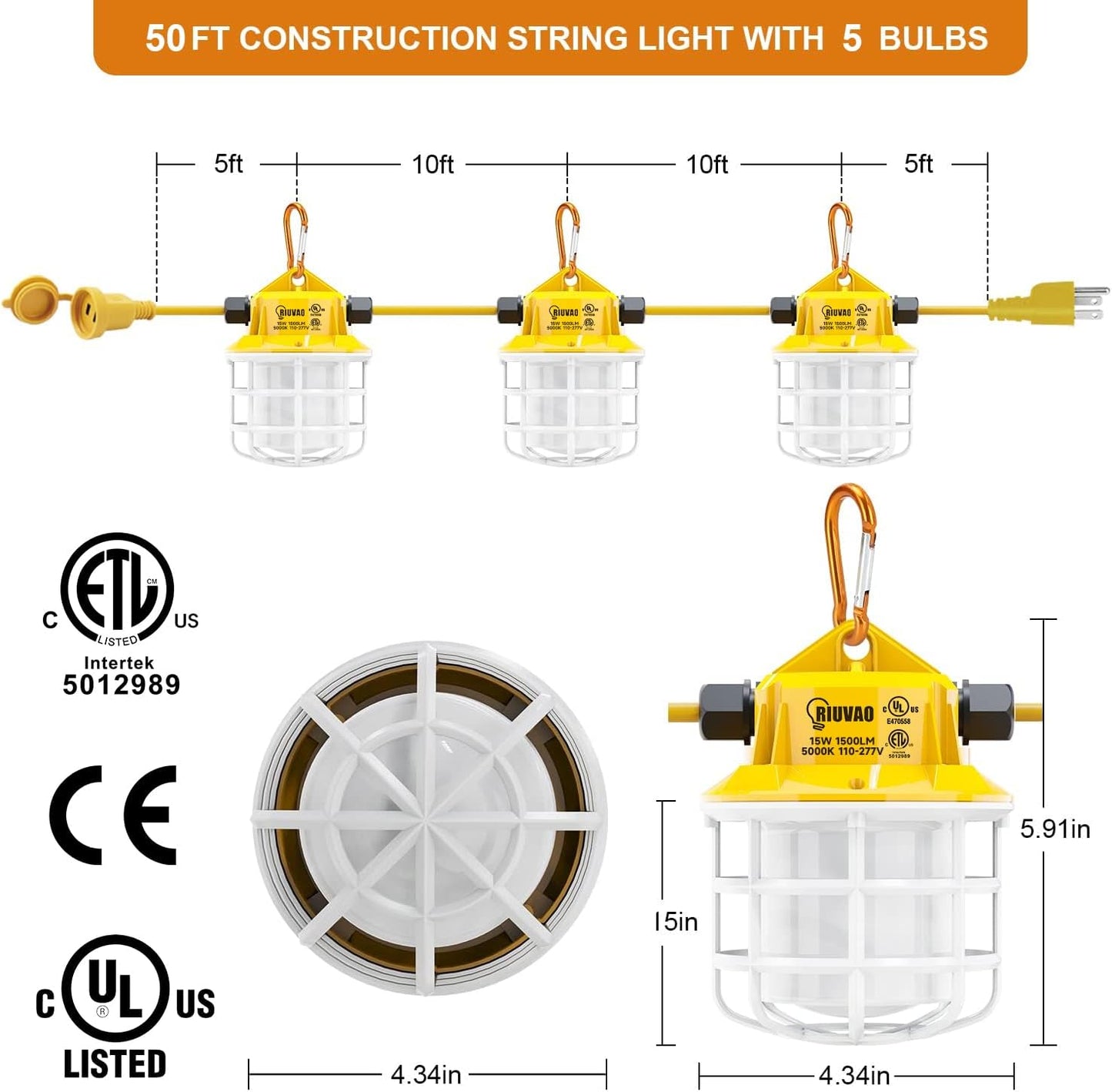 50ft LED Construction String Lights, 75W 7500LM Industrial Grade Super Bright String Work Lights for Construction Sites, Temporary Work, Renovation, Jobsite, and All Outdoor Lighting(50ft-5lights)