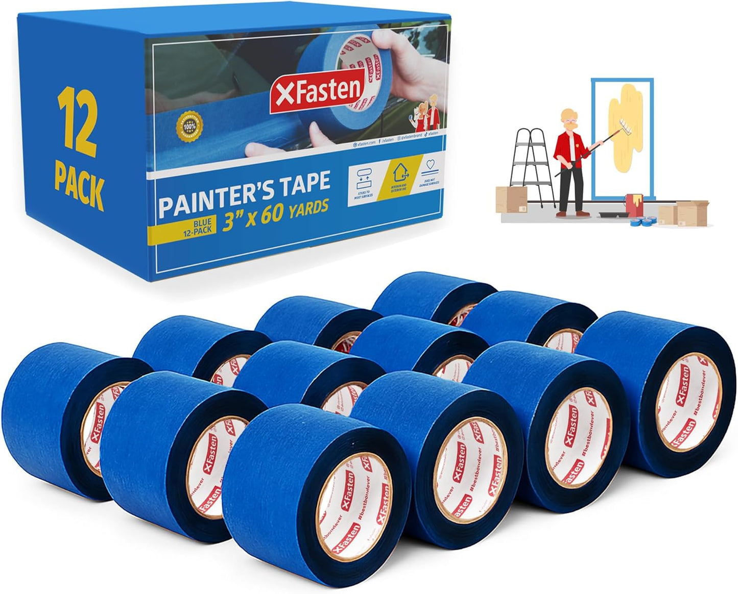 XFasten Blue Painters Tape Bulk 3-Inch x 60-Yards (12-Pack, 2160ft Total) Wall Safe Painters Tape 3 Inch Wide, Blue Masking Tape Bulk, Paint Tape for Walls, Painting, Automotive