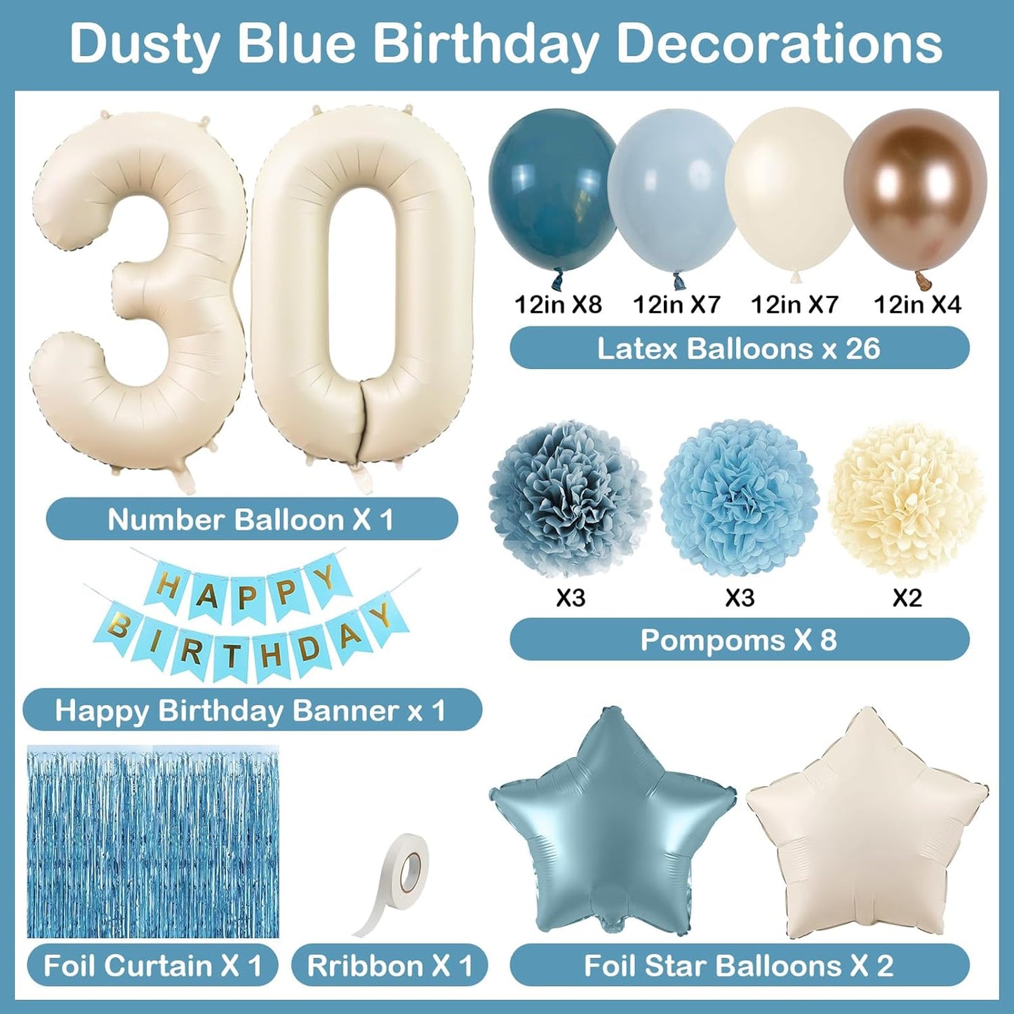Dusty Blue 30th Birthday Party Decorations for Her Him Beige Cream Number 30 Balloon with Blue Gold Happy Birthday Banner Fringe Curtain Paper Pom Poms Nude White Sand Champagne Star Foil Balloons