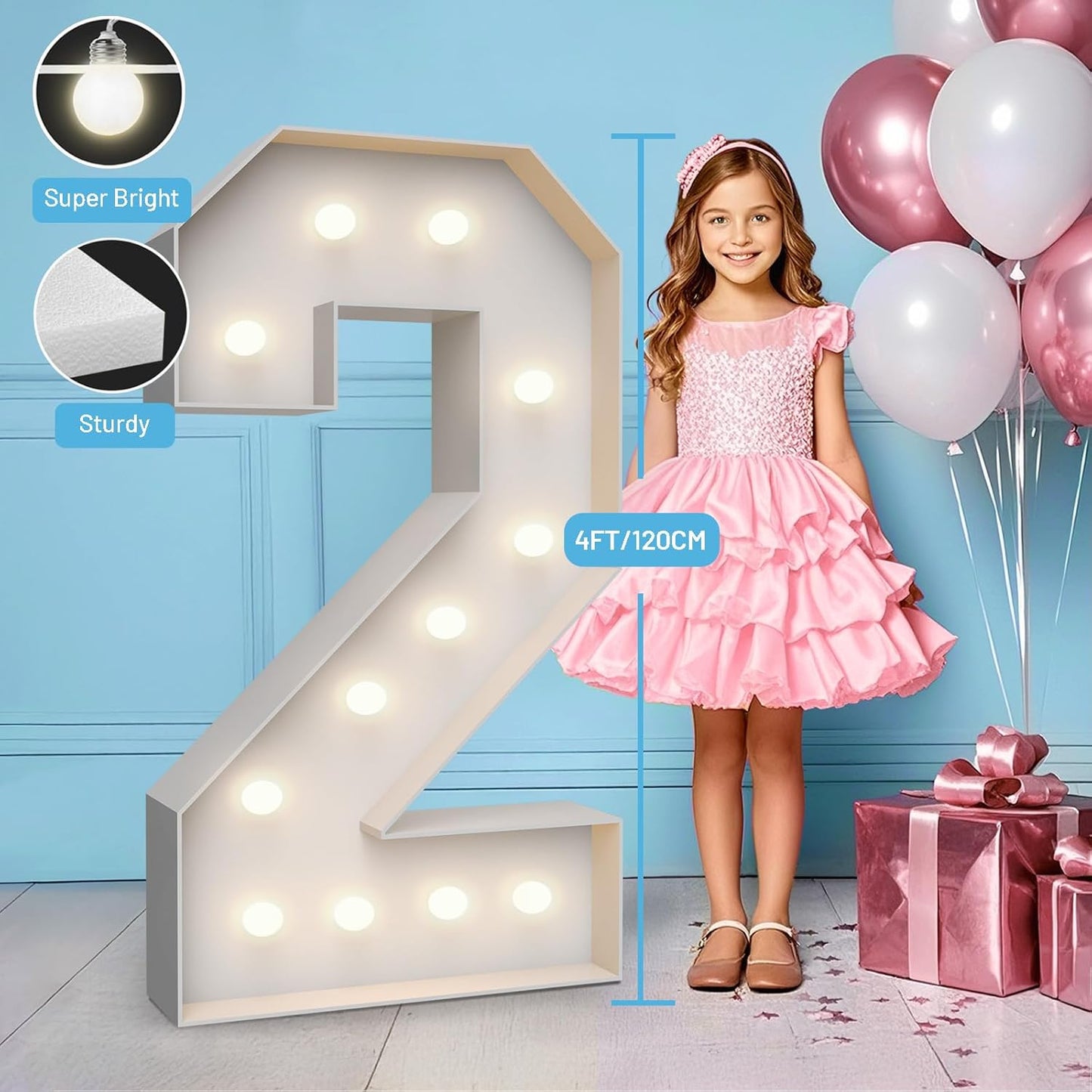 4FT Marquee Light Up Numbers 2,Party Decoration Large Marquee Light Up Letters with Weighted Water Bag,Pre-cut Foam Board Set Can Be Used for Birthdays,Weddings,Baby Anniversaries