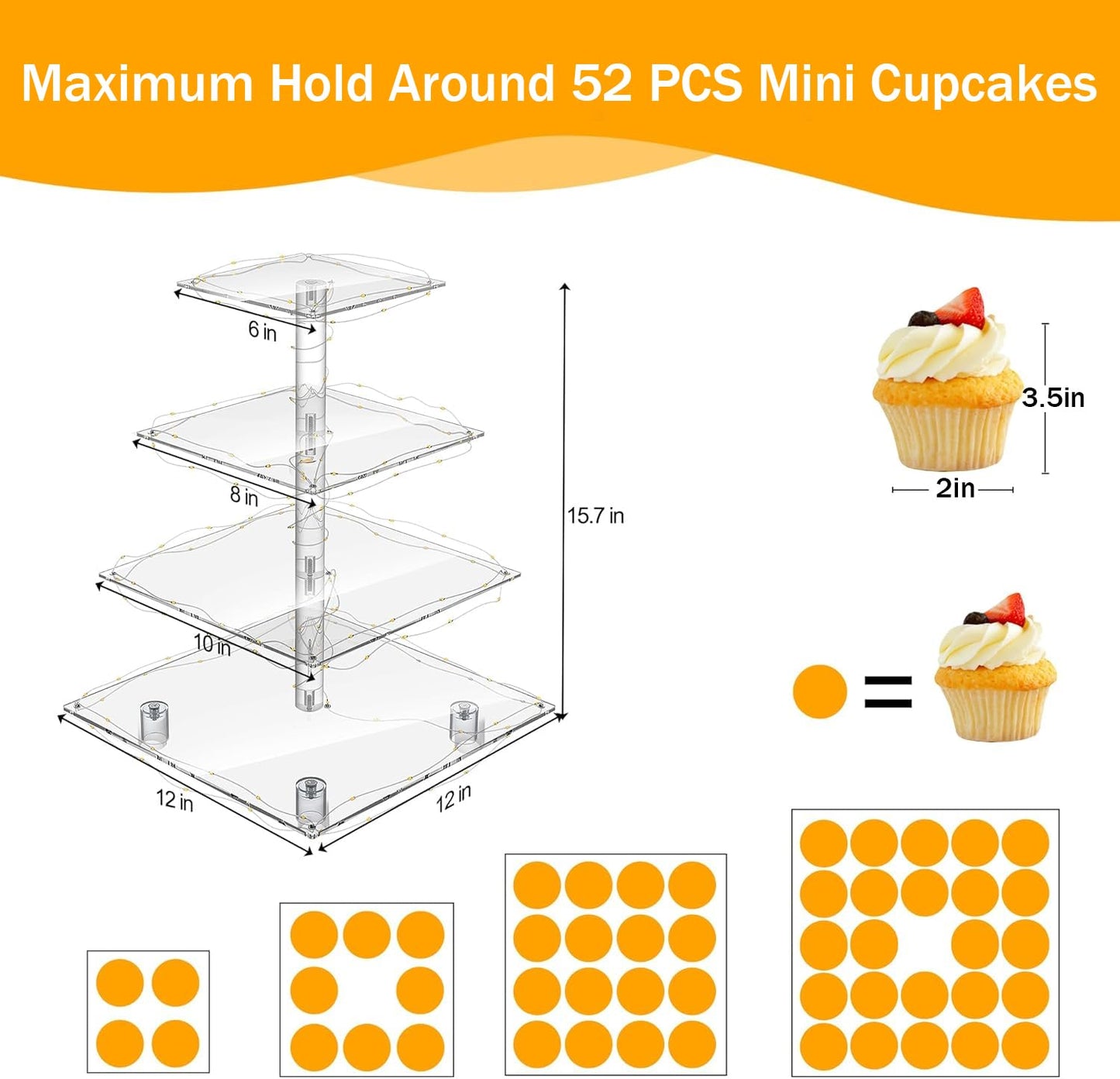 YestBuy Cupcake Stand with Yellow LED Lights, 4 Tier Cupcake Stand for 50 Cupcakes, Acrylic Cupcake