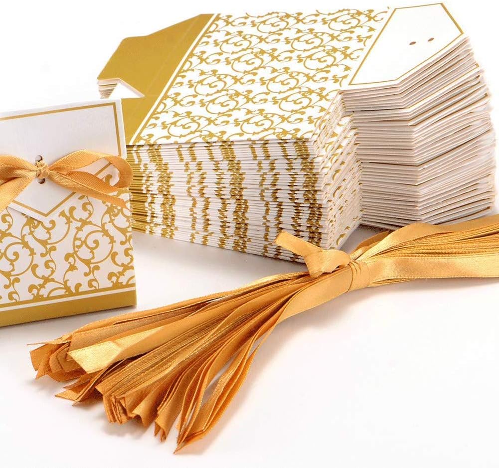 KUPOO 50PCS Candy Boxes,Gold Ribbon Wedding Favor Boxes Candy Bag Cake Box for Wedding Party Decoration Easter (gold)