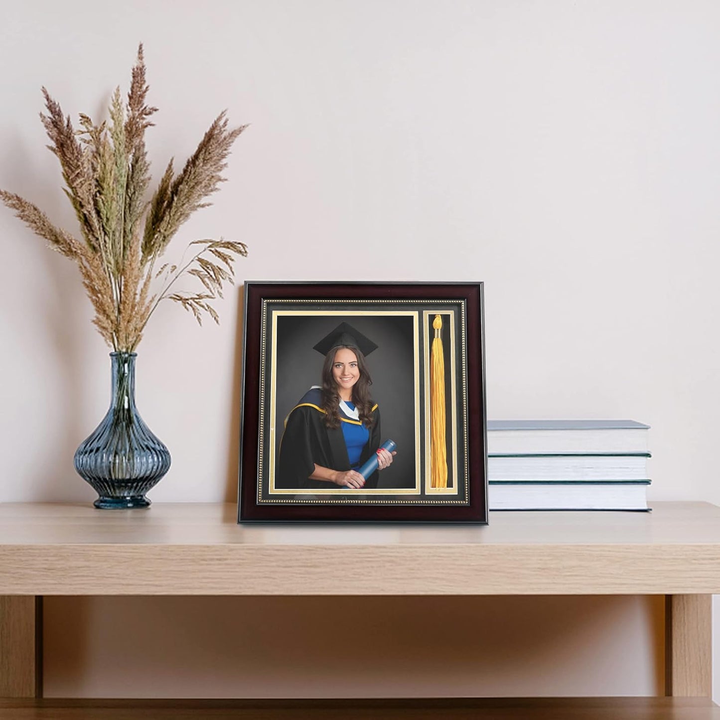 GraduationMall Graduation Photo Shadow Box Frame with Tassel Holder for 8x10 Pictures,Real Glass,Black Over Gold Double Mat,Wall & Tabletop Design