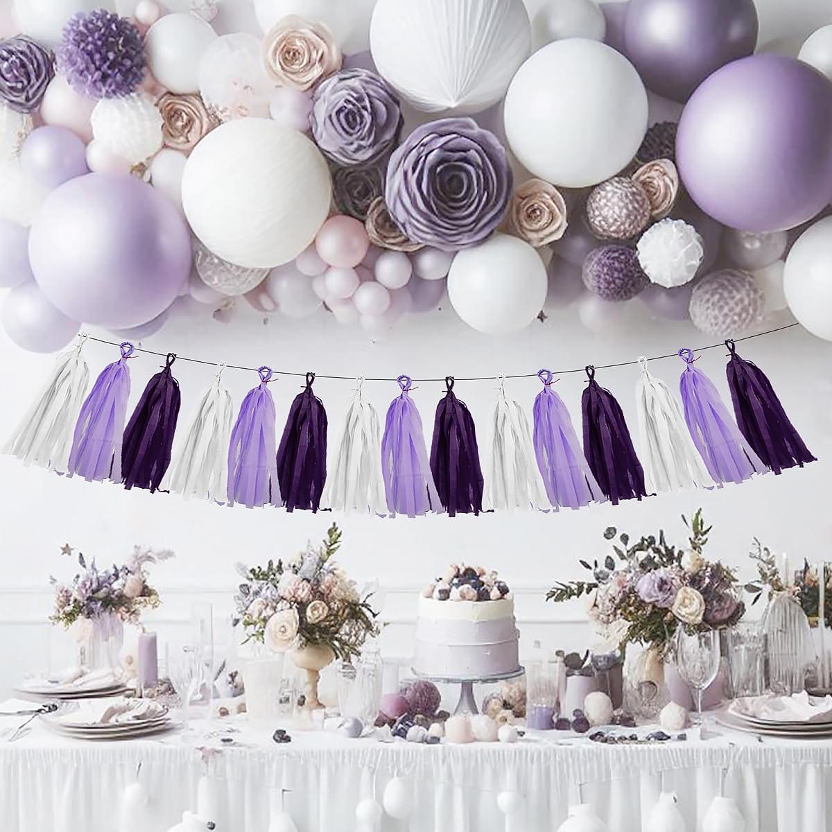 White Purple Party Decorations - 15Pcs Tissue Paper Tassel Garland Birthday Decorations Valentines Day Baby Girl Shower Women Bridal Wedding Engagement Bachelorette Graduation Hanging Decor