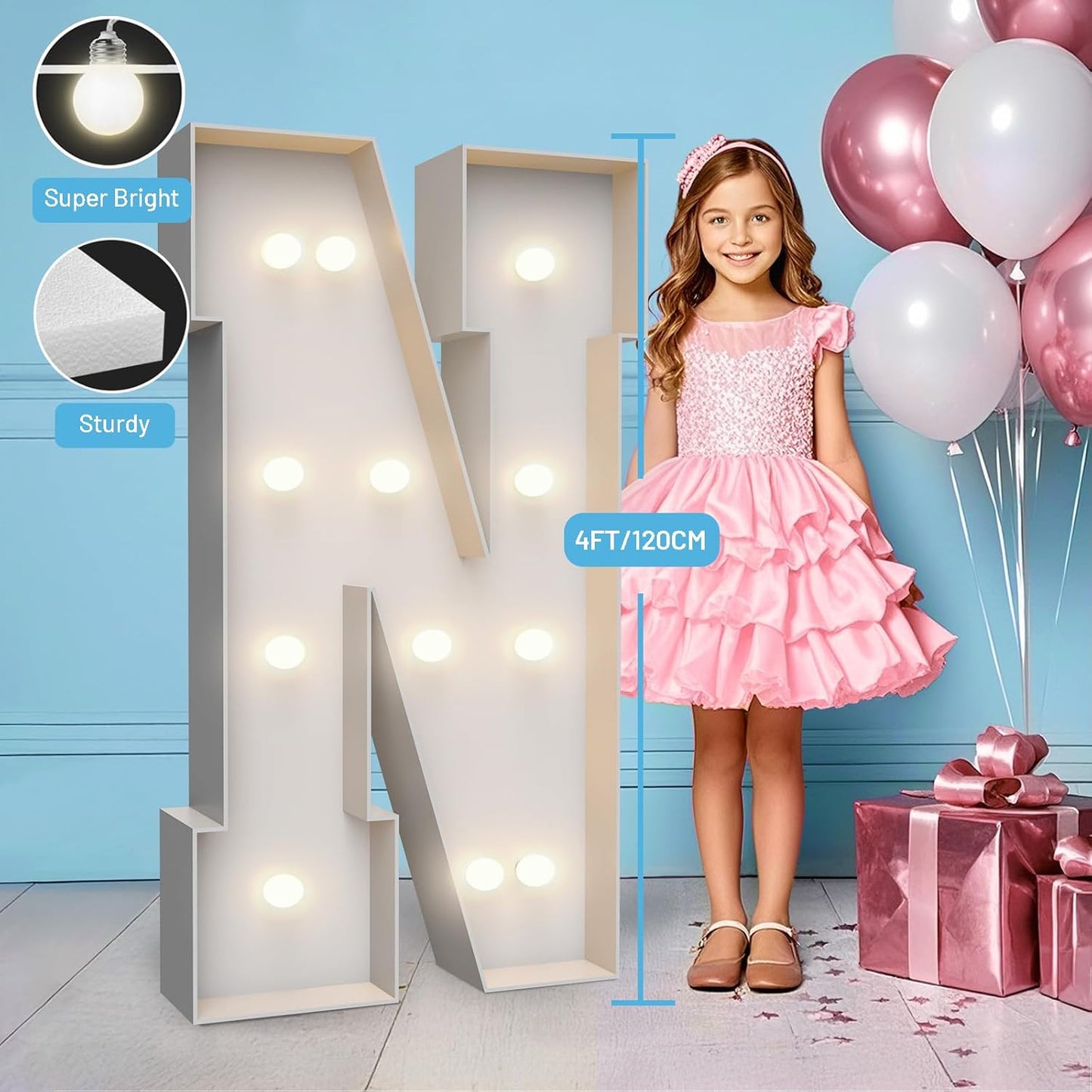 4FT Marquee Light Up Letters N,Party Decoration Large Marquee Light Up Letters with Weighted Water Bag,Pre-cut Foam Board Set Can Be Used for Birthdays,Weddings,Baby Anniversaries