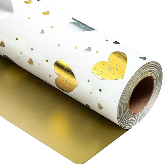 Burymento Gold Foil Heart Wrapping Paper, Reversible Gold Gift Wrap for Birthday, Valentines, Mothers day, Graduation, Wedding, Fathers day, Baby Shower, Christmas (17in x 32.8ft)