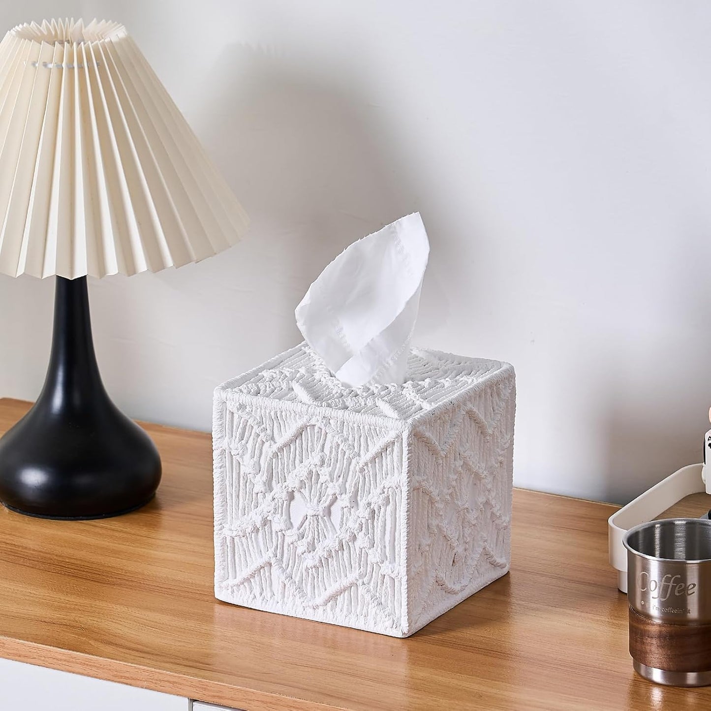White Woven Macrame Boho Tissue Box Cover Square for Home Decor,Resin Heavy Woven Tissue Box Holder for Bathroom Kitchen Countertop,Bedroom, Vanity, Night Stand, Office Desk Top, Waterproof Durable