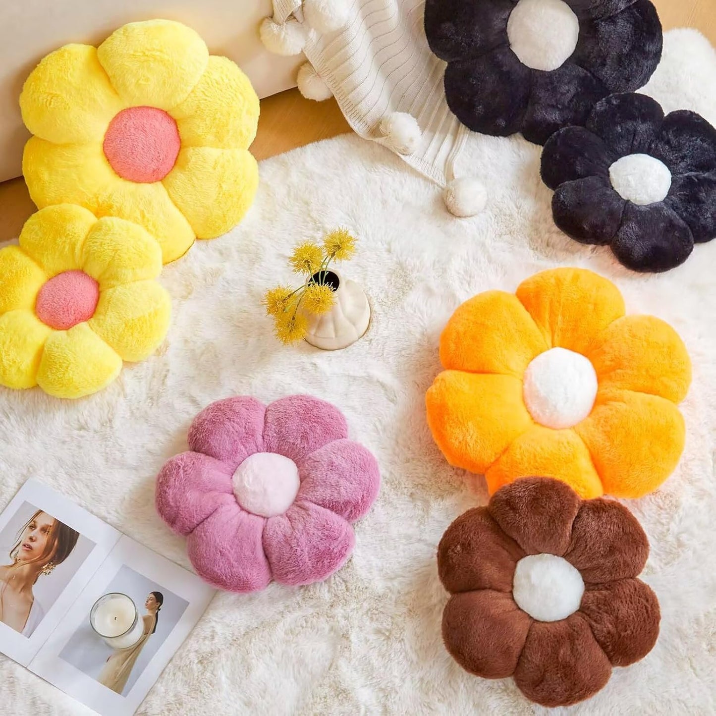 Orange Flower Pillow, 17.7" Flower Shaped Plush Decorative Throw Pillow for Bed