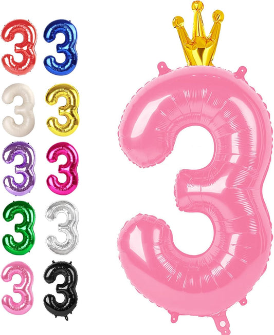 Large 40 Inch Pink Crown 3 Number Balloon, 3 13 23 30 33 36 38 Pink Crown Birthday Party Decorations, Numbers Three Foil Balloons for Anniversary Party Graduations Celebration Supplies