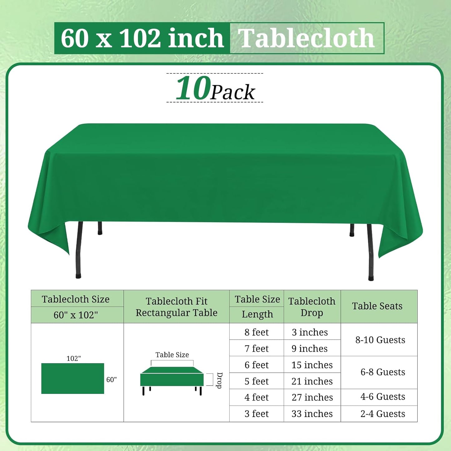 10 Pack Green Tablecloths for 6ft Rectangle Tables 60 x 102 Inch - Polyester Table Cover Stain and Wrinkle Resistant Washable Fabric Table Clothes for Wedding Party Banquet Reception Restaurant