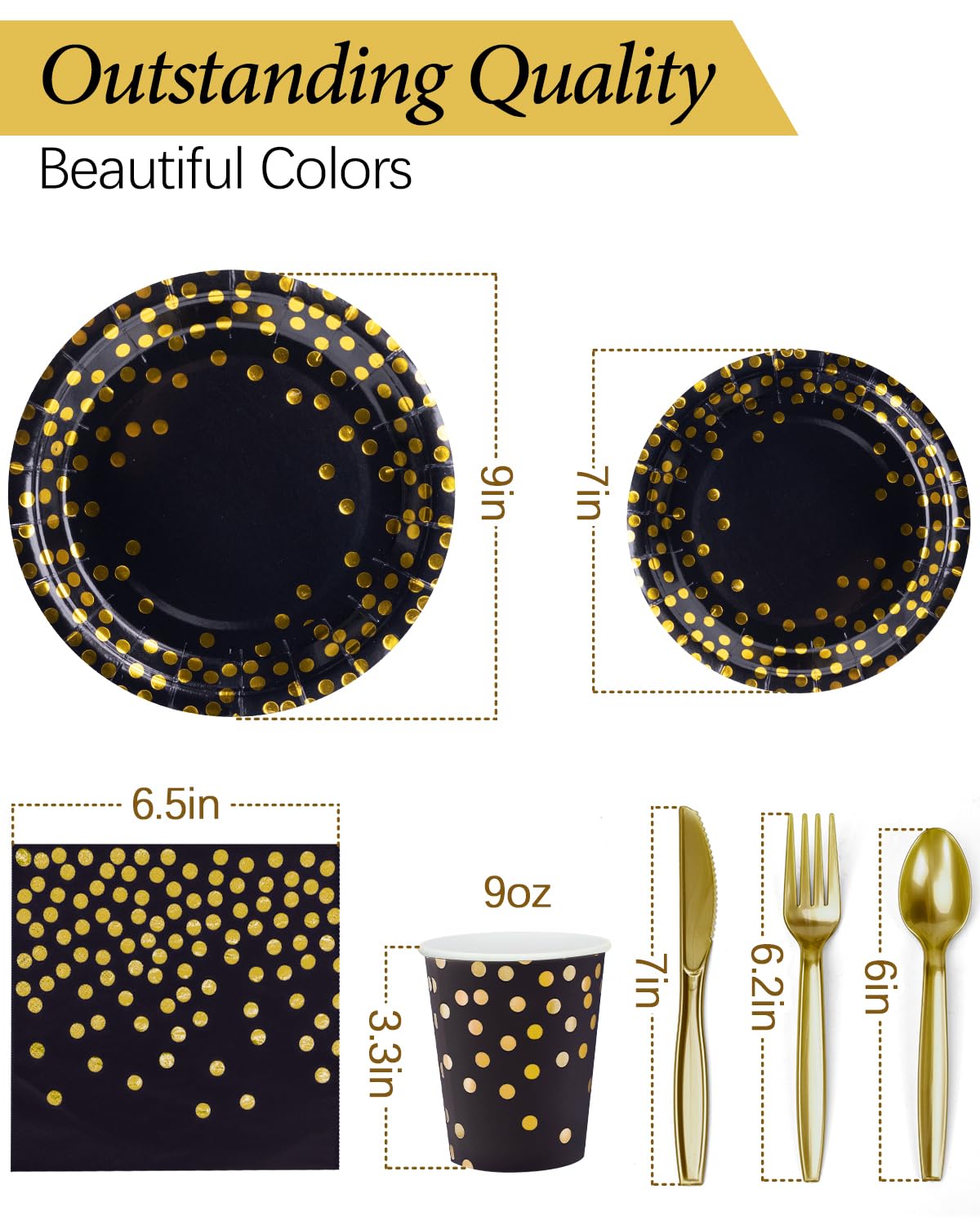 224 Pieces Party Supplies, Black and Gold Party Plates Cups and Napkins Sets with Plastic Knives